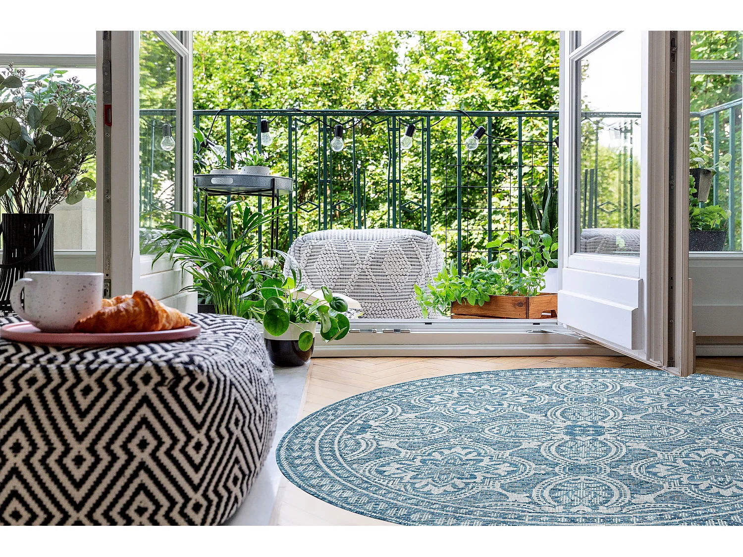 Tapis EN CORDE SIZAL LOFT 21193 BOHO cercle ivoire/argentin/bleu cercle 120 cm