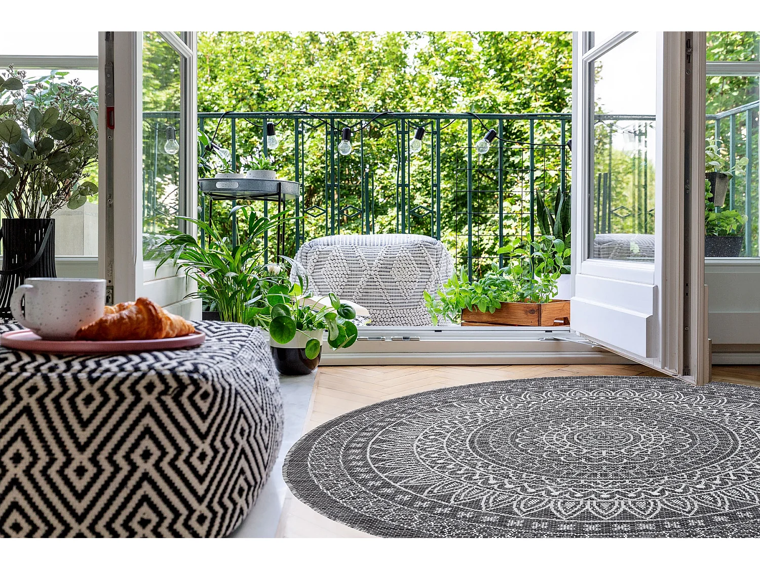 Sisal tapijt SISAL LOFT 21207 Rosette ROND BOHO ivoor/zilver/grijskleu cercle 120 cm