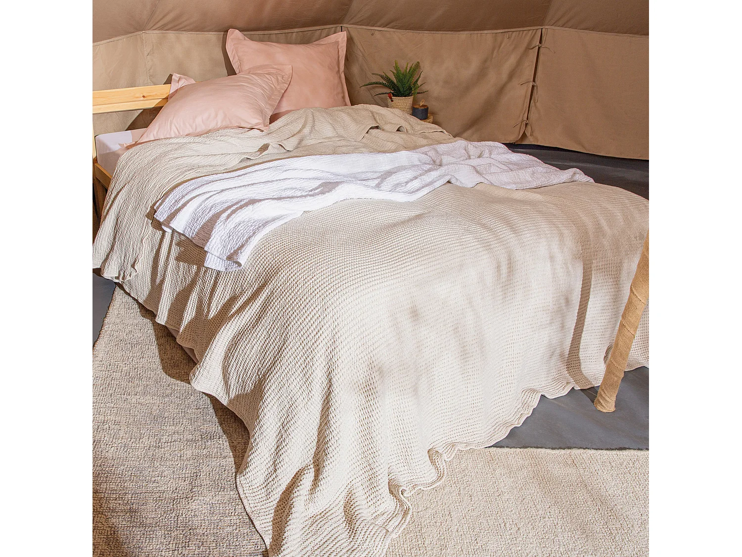 Dessus de lit réversible 180x250 cm JAIPUR en coton beige craie
