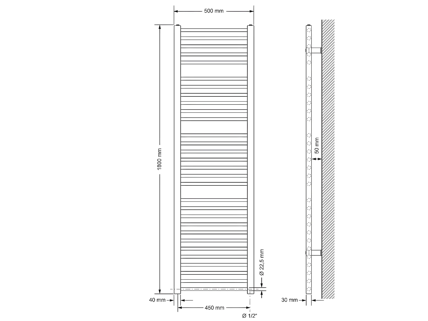 ECD Germany Sèche-Serviettes Design Sahara - 500 x 1800 mm - Blanc - Connexion Latéral - Forme Droite - sans Élément Chauffant