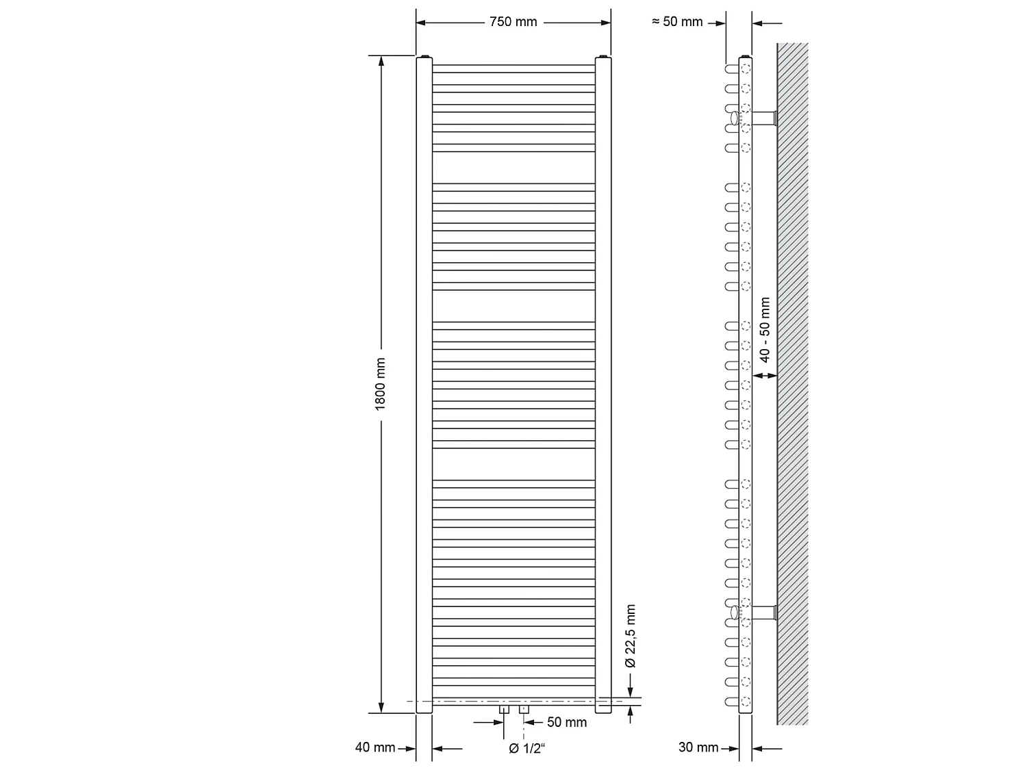 ECD Germany Radiador de baño - 750 x 1800 mm - blanco - curvado con conexión central - radiador de agua-  Radiador de calefacción toallero