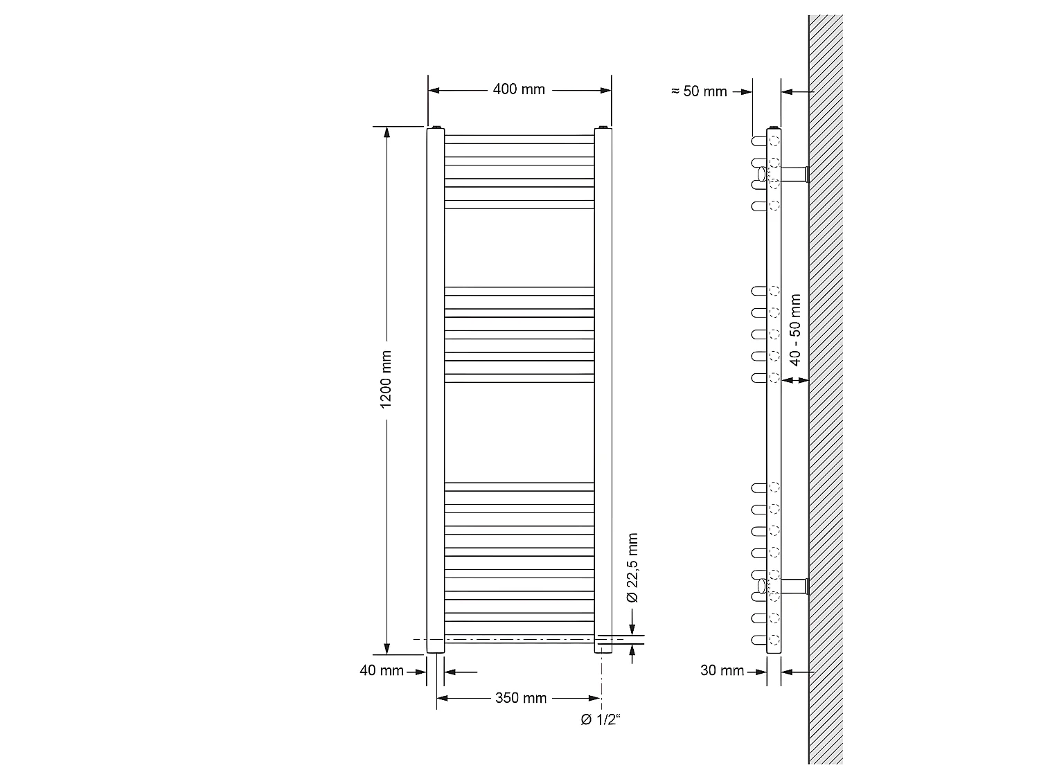 ECD Germany Radiador de baño - 400 x 1200 mm - Cromo - curvado - con conexión lateral - Secador de toallas Radiador de calefacción - No electrico