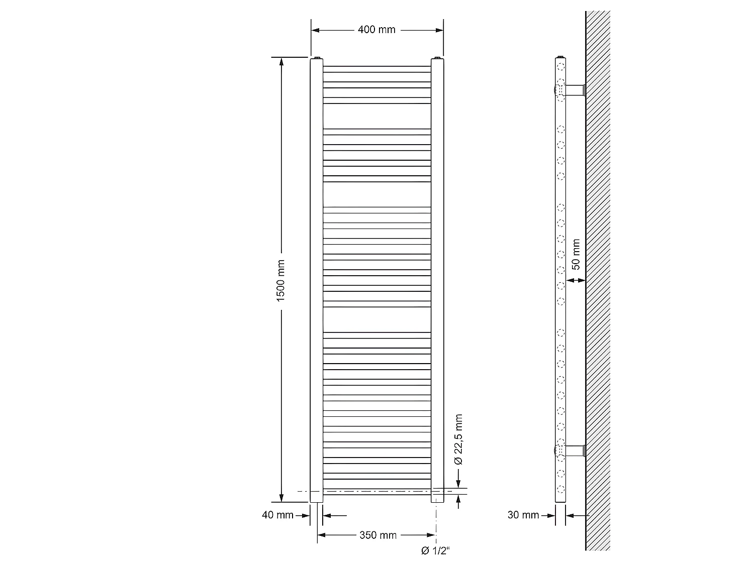 ECD Germany Sahara Radiador de baño 400 x 1500 mm - cromo -  recto - con conexión lateral - Radiador toallero Radiador de diseño moderno