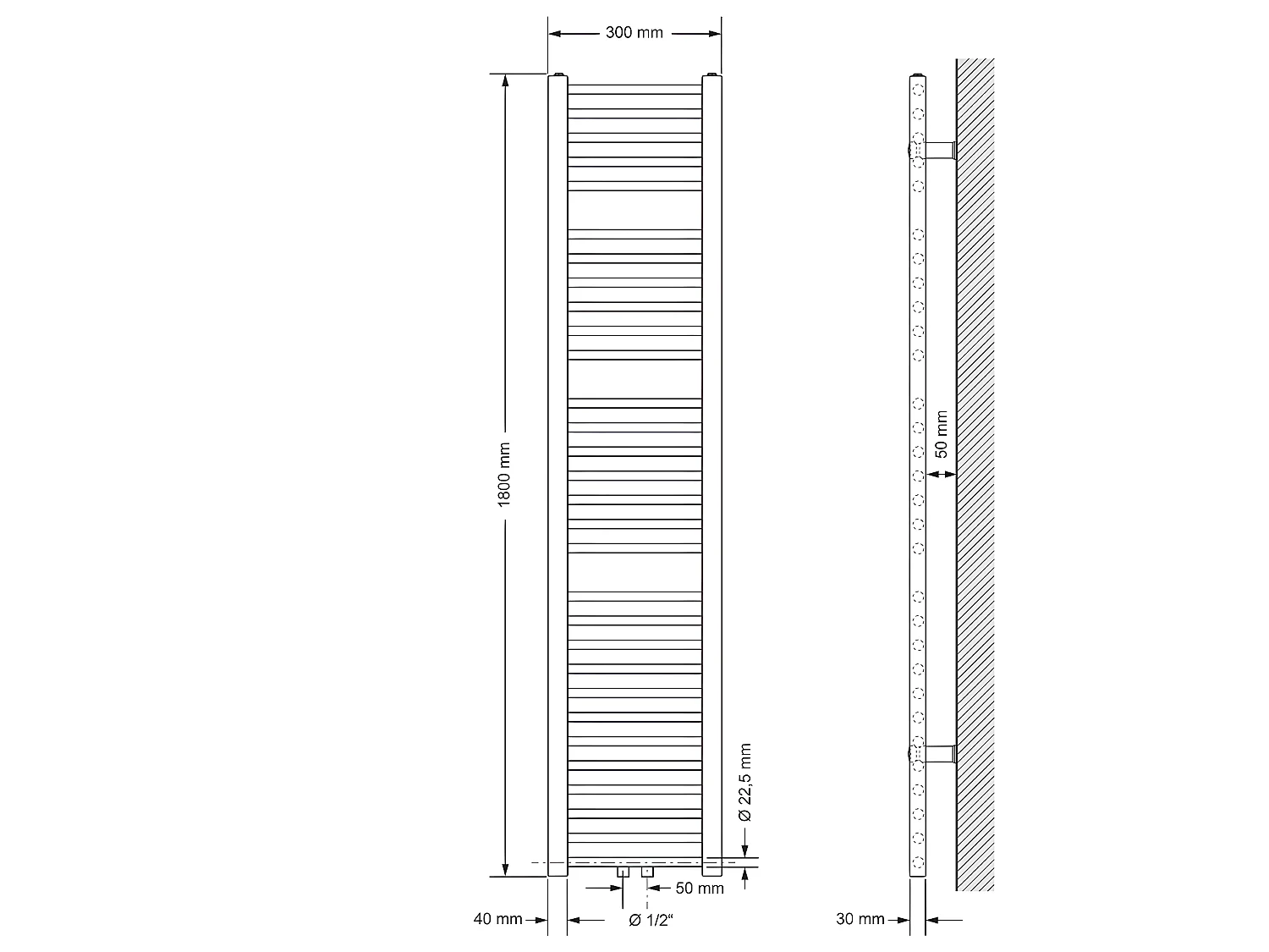 ECD Germany Radiateur Sèche-Serviettes Sahara - 300 x 1800 mm - Blanc - Connexion Central - sans Kit de Raccordement - Forme Droite
