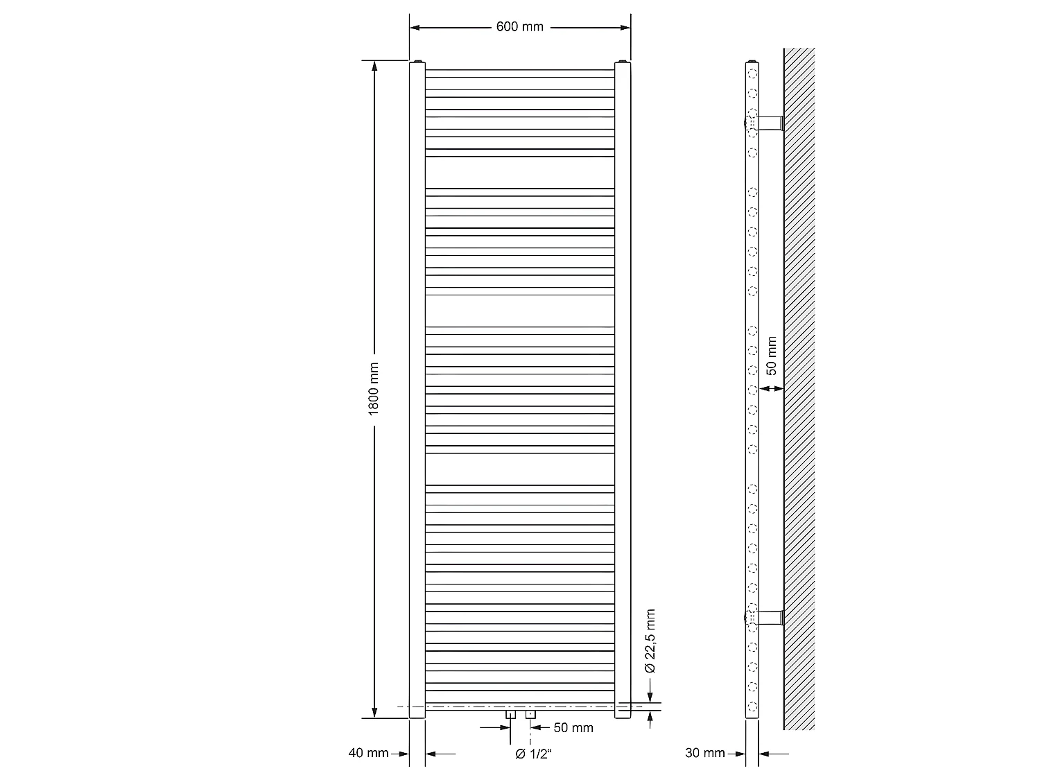ECD Germany Radiateur Design Sahara Non Electrique - 600 x 1800 mm - Blanc - Connexion Central - sans Kit de Raccordement - Forme Droit