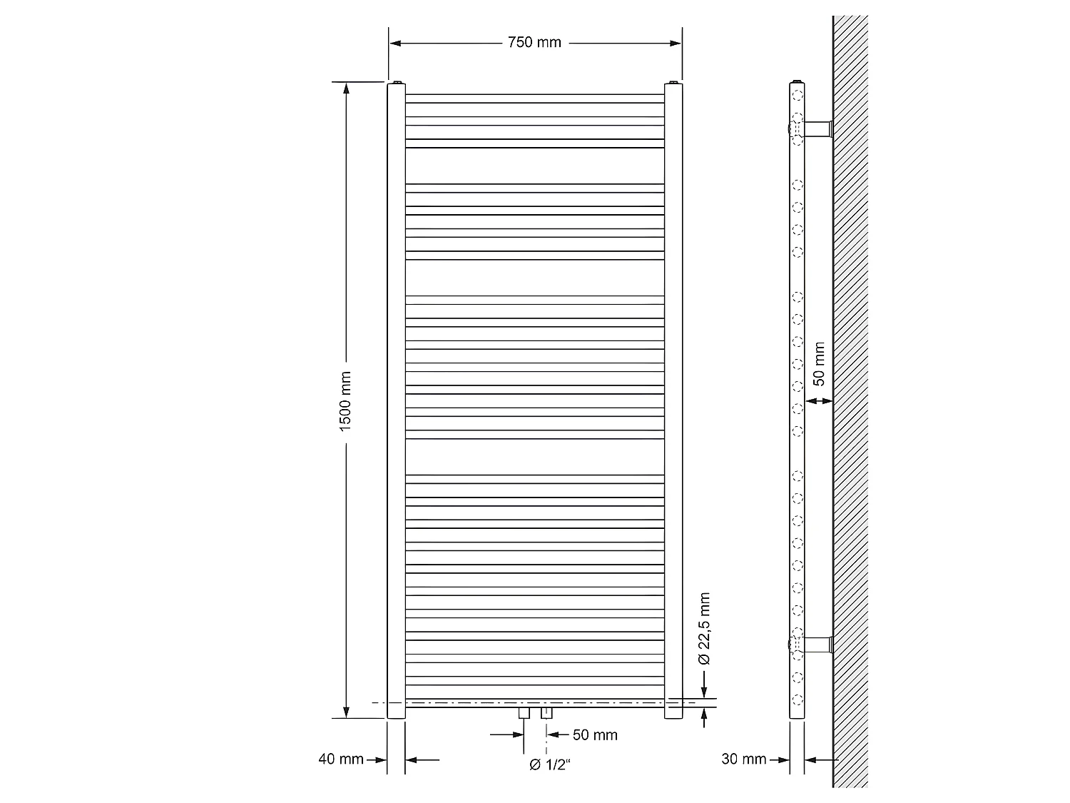 ECD Germany Radiatore Scaldasalviette Sahara - 750 x 1500 mm - Bianco - Dritto con Chiusura Centrale - Radiatore Scaldasalviette Asciugabiancheria 750x1500 mm