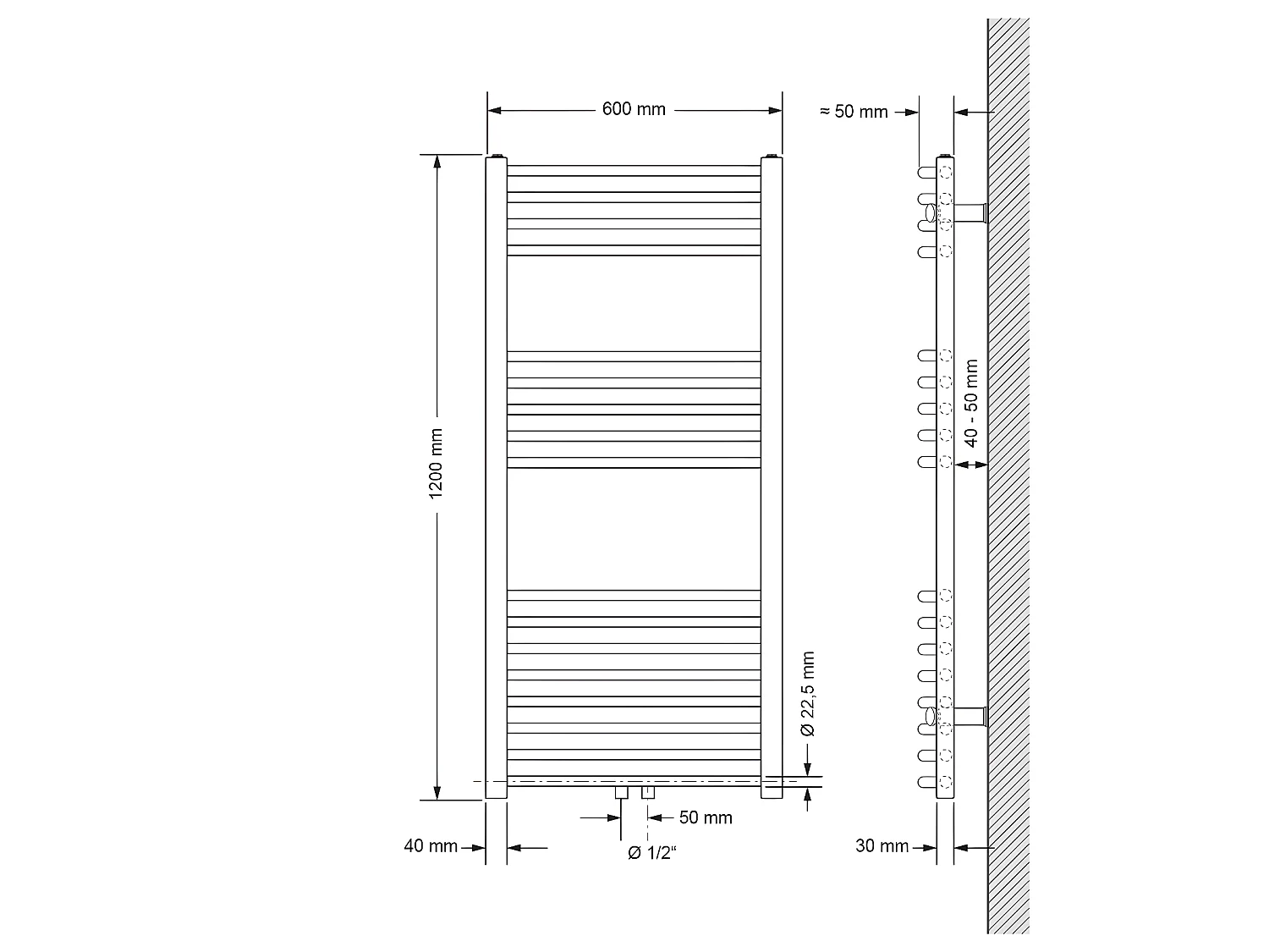 ECD Germany Sèche-Serviettes Sahara Non Électrique - 600 x 1200 mm - Anthracite - Connexion Central - sans Kit de Raccordement - Forme Courbé
