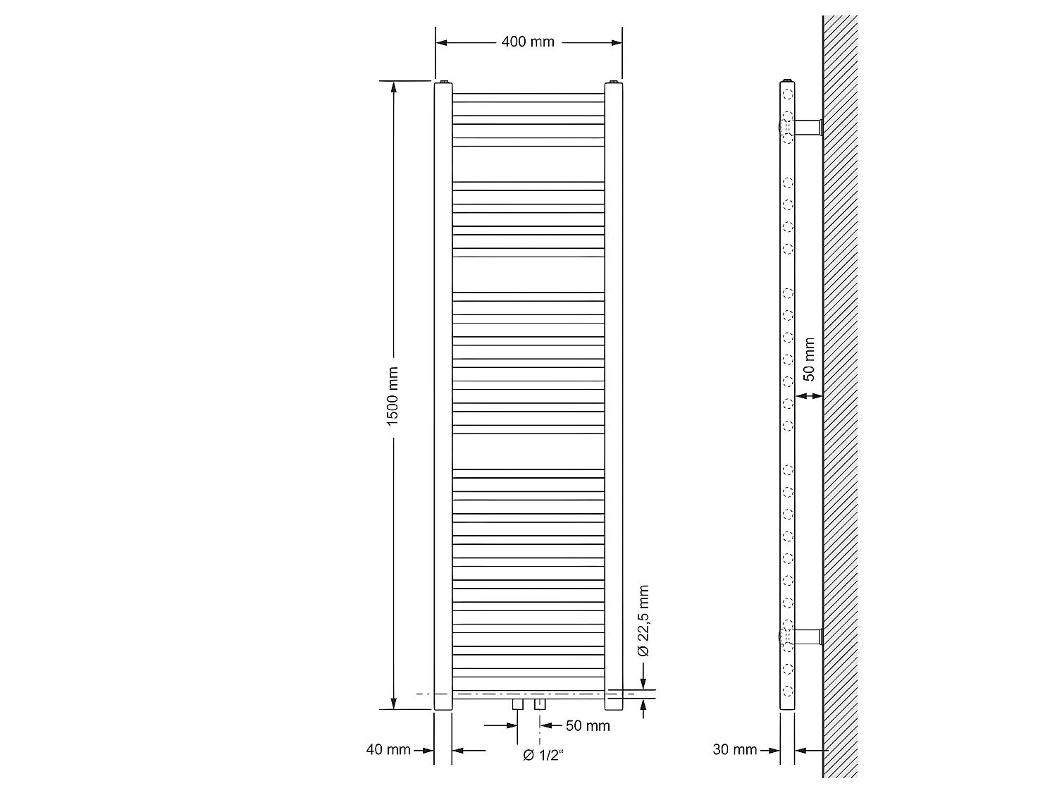 Radiatore Sahara non elettrico, 400 x 1500 mm, bianco, attacco centrale