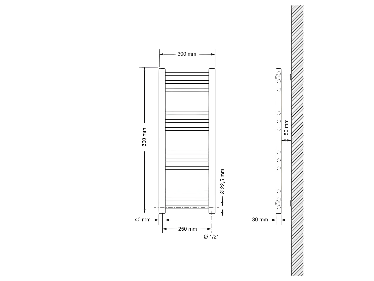 ECD Germany Sèche-Serviettes Design Sahara - 300 x 800 mm - Blanc - Connexion Latéral - Forme Droit - sans Élément Chauffant