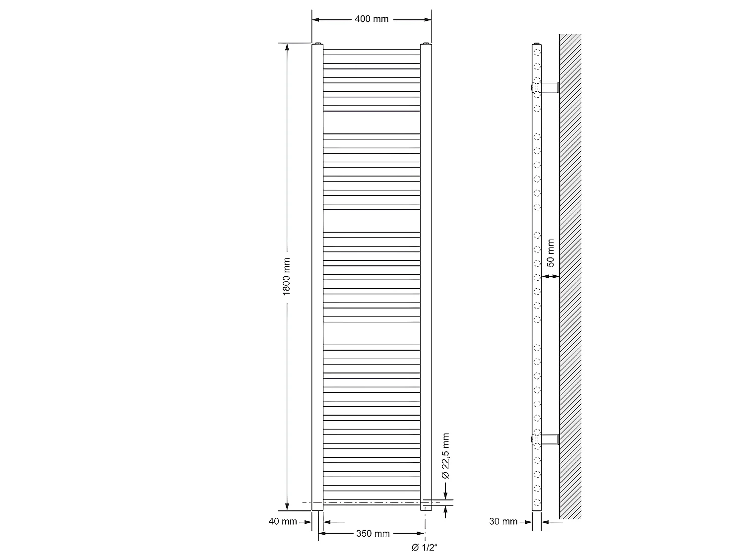 ECD Germany Radiateur Design Sahara - 400 x 1800 mm - Blanc - Connexion Latéral - Forme Droit - avec Kit de Montage Mural