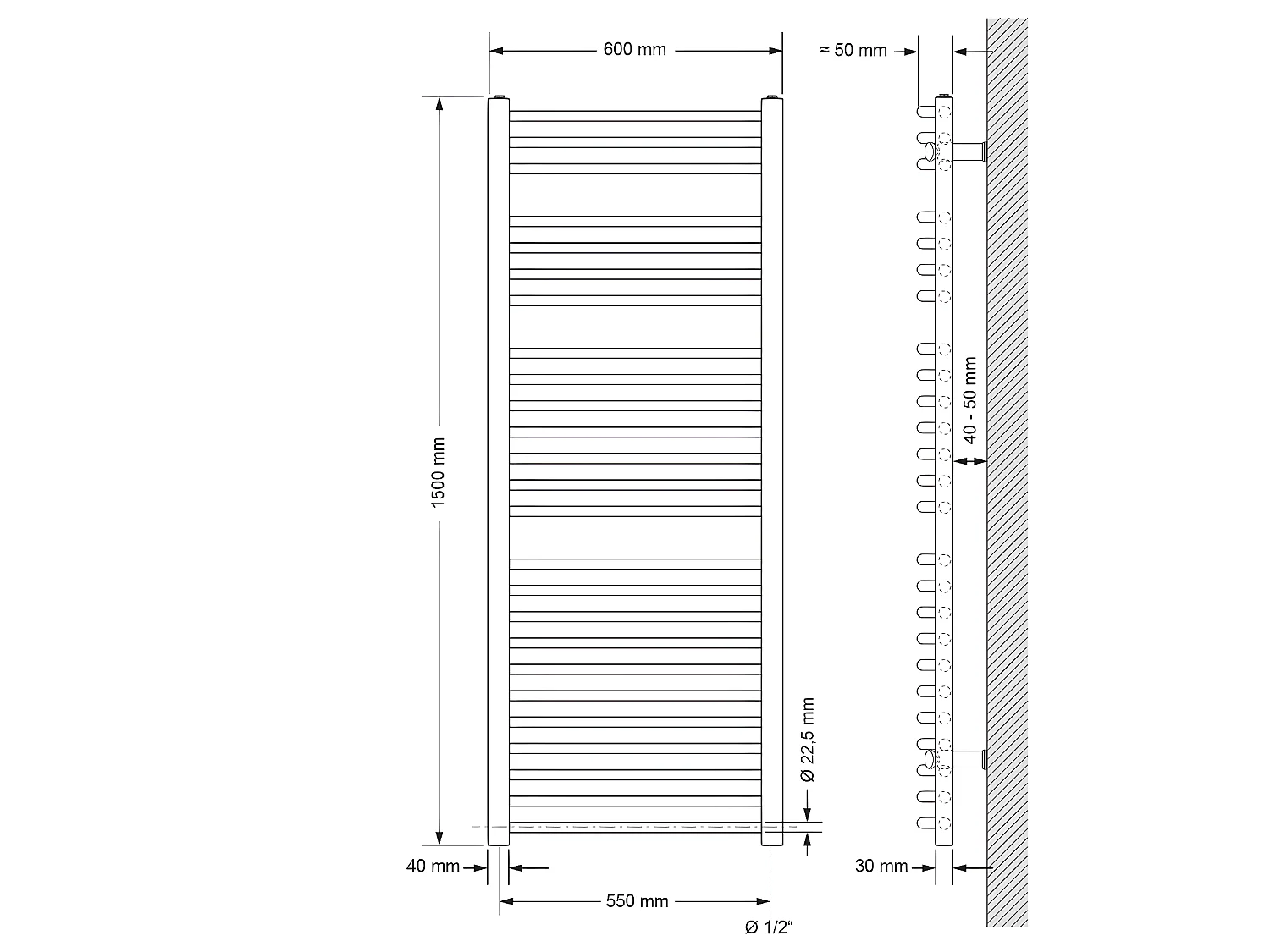 ECD Germany Radiateur Sèche-Serviettes Sahara - 600 x 1500 mm - Blanc - Courbé avec Raccordement Latéral - Radiateur Sèche Serviette Salle de Bain - Pas Électrique