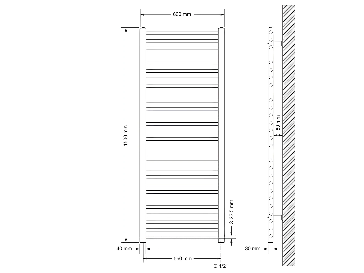 ECD Germany Sahara Sèche-serviettes - 600 x 1500 mm - chrome - droit avec raccordement latéral