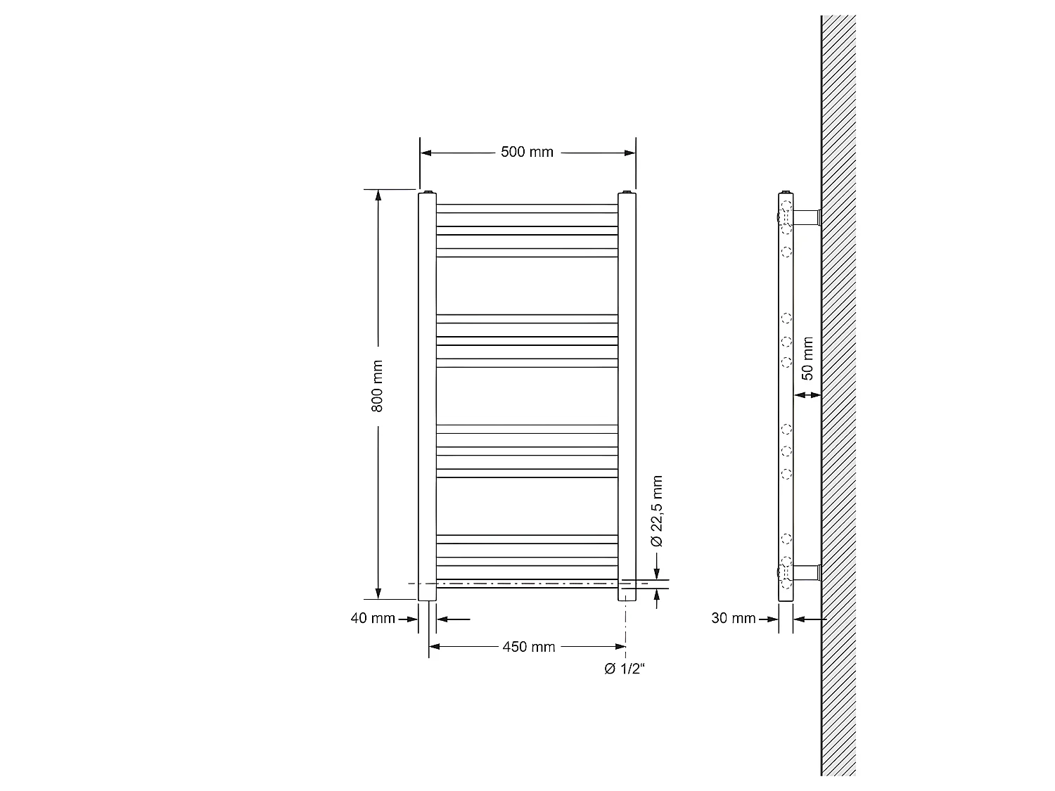 Radiatore Sahara, 500 x 800 mm, cromato, attacco laterale