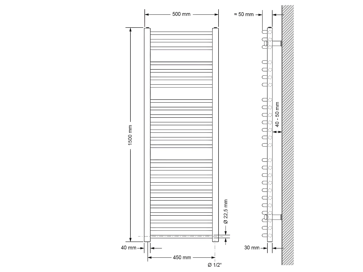 Radiateur Design Sahara, 500 x 1500 mm, Blanc, Connexion Latéral, Forme Courbé