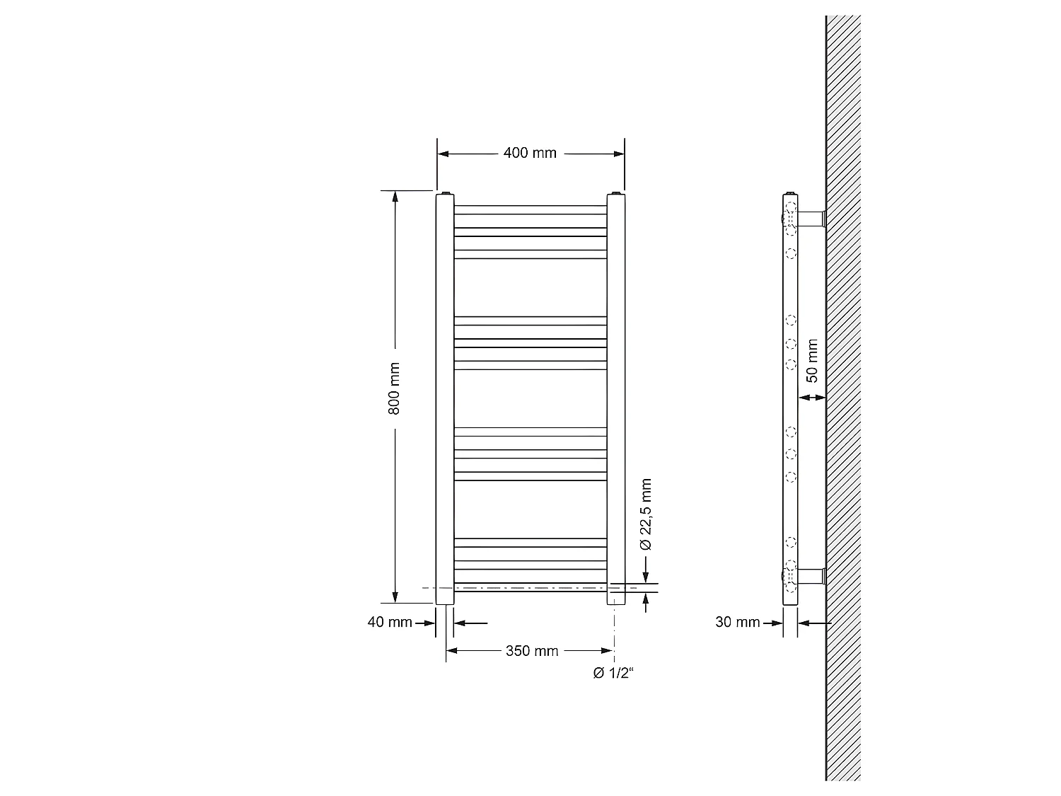 Radiatore Sahara Design, 400 x 800 mm, cromato, attacco laterale, forma dritta