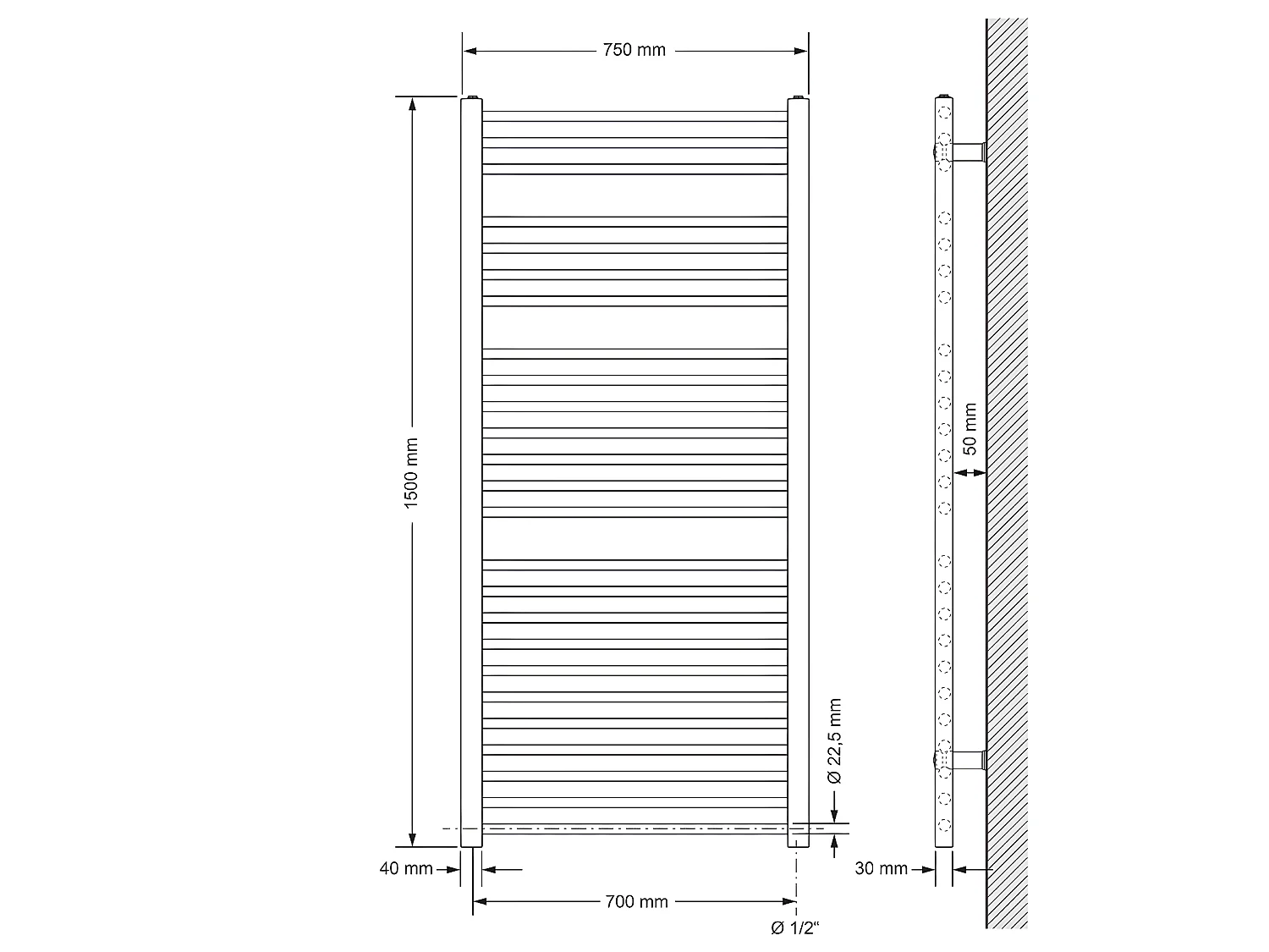 Radiatore Sahara Design, 750 x 1500 mm, bianco, attacco laterale