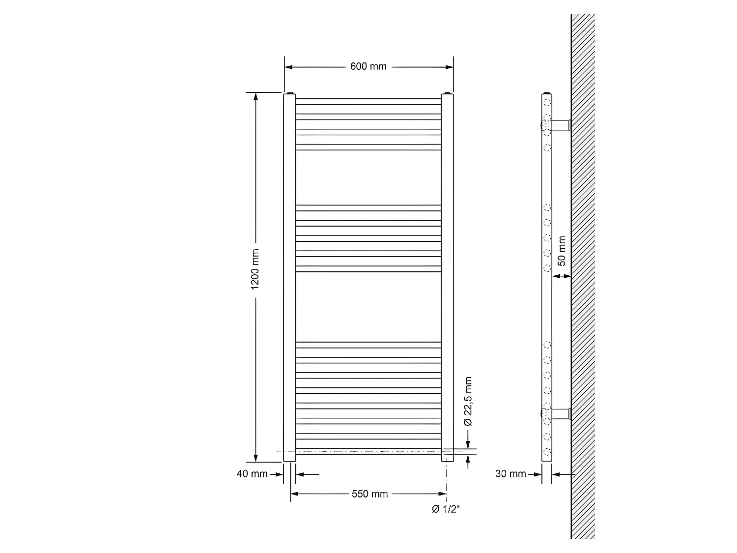 Radiateur sèche-serviettes électrique, 600 x 1200 mm, Chrome, droit