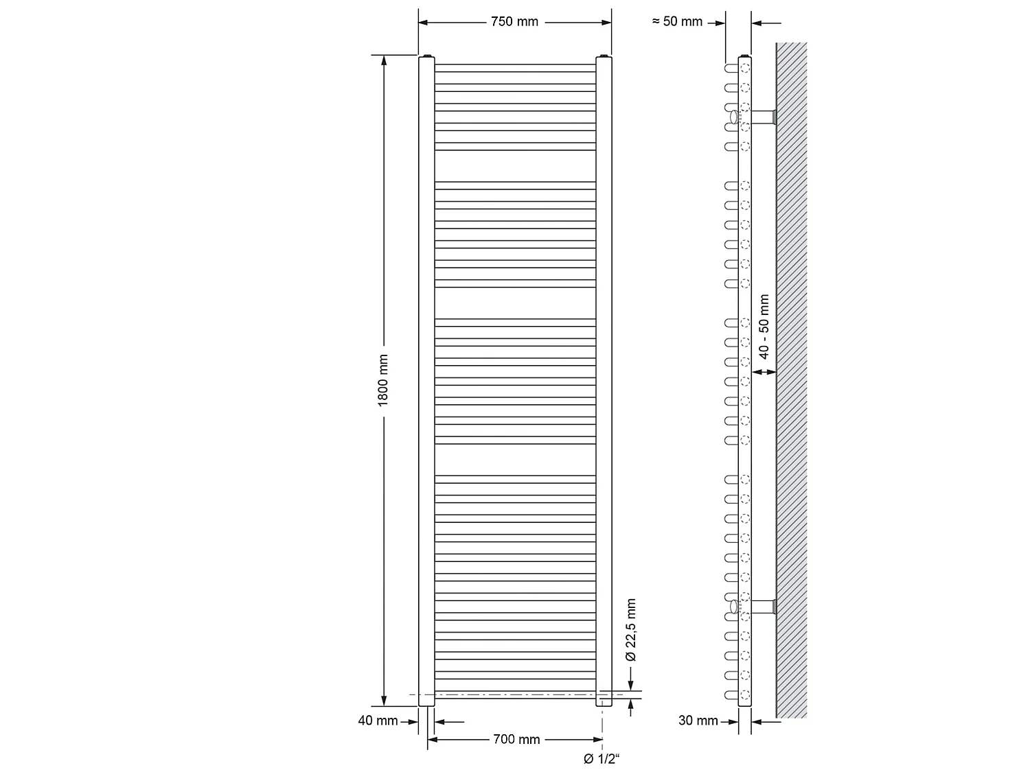 ECD Germany Radiatore da Bagno Scaldasalviette - 750 x 1800 mm - Bianco - Curvo con Attacco Laterale - Radiatore Scaldasalviette Asciugabiancheria 750x1800 mm