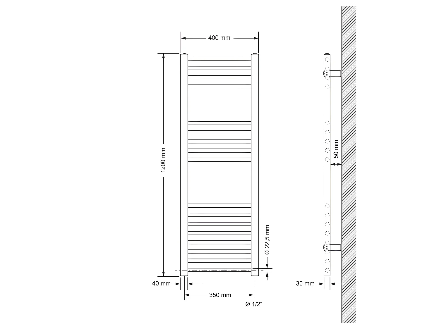 ECD Germany Radiador eléctrico de toallas - 400 x 1200 mm - 900W - Cromado - plano - con conexión lateral - Radiador para baño