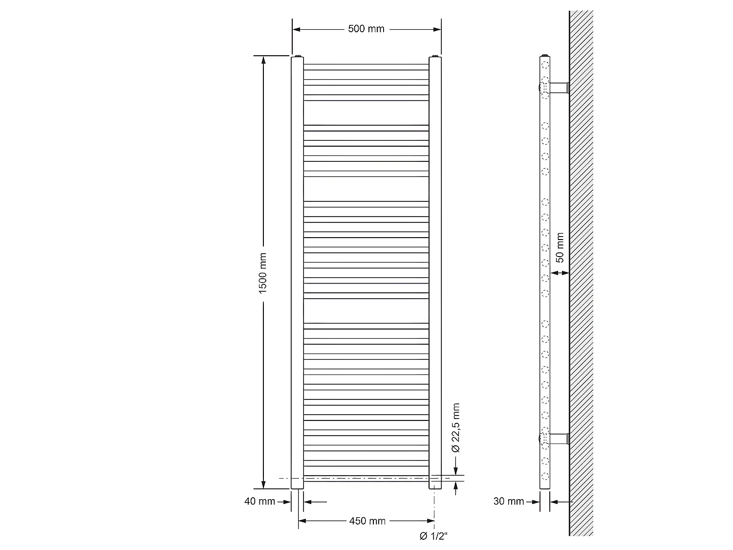 Radiateur Sèche-Serviettes Sahara, 500 x 1500 mm, Blanc, Droit avec Raccordement Latéral