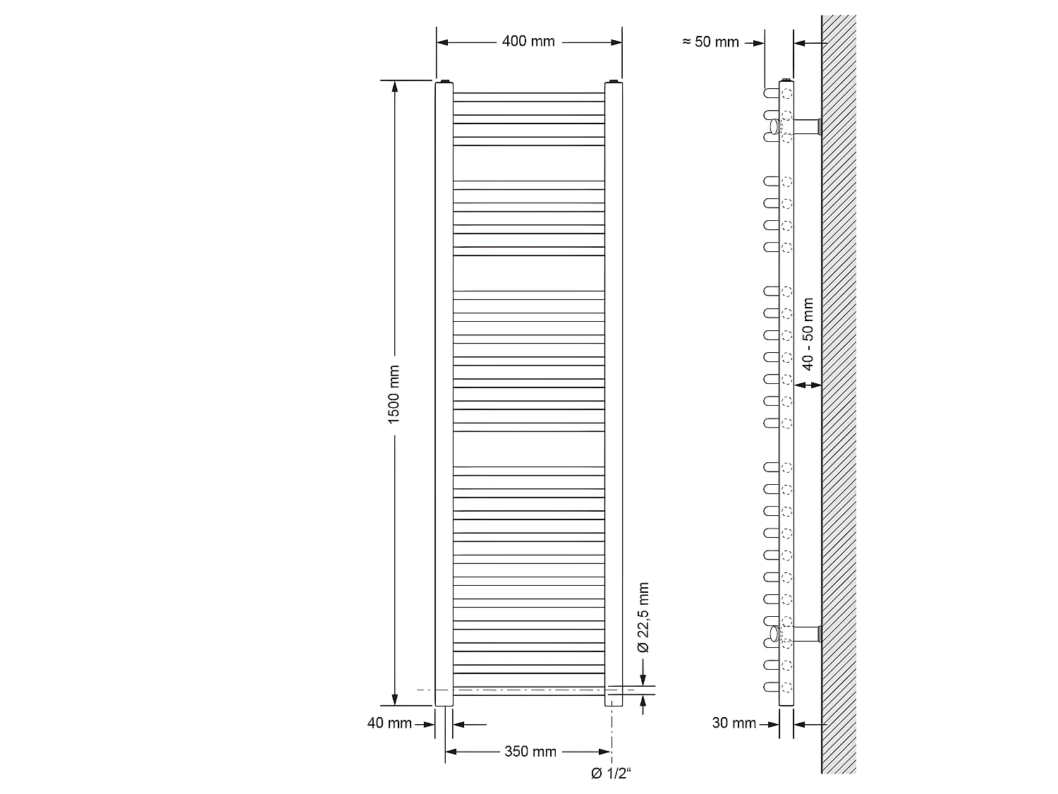 Radiateur pour Salle de Bain, 400x1500mm, Blanc, Barre Chauffe-Serviettes, Forme Courbé