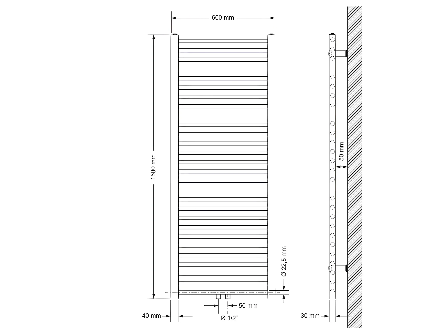 Radiateur Design Sahara Non Electrique, 600 x 1500 mm, Blanc, Connexion Central