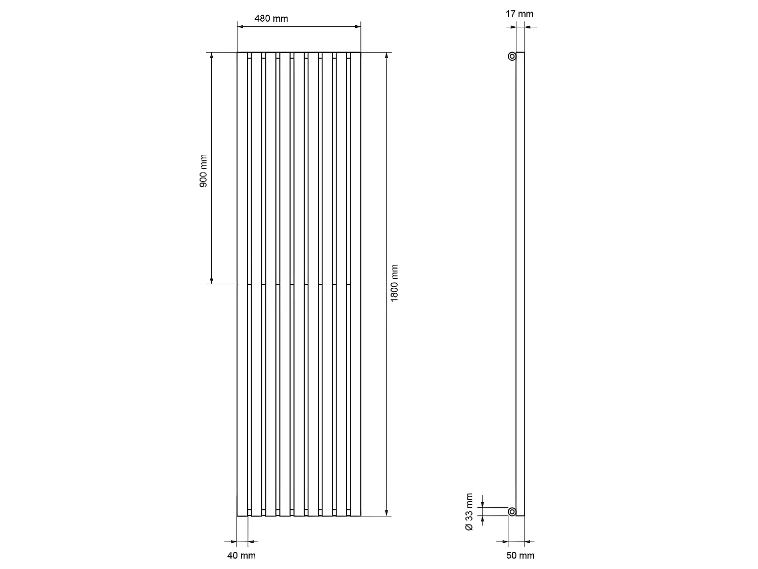 ECD Germany Radiateur Stella Non Électrique - 480 x 1800 mm - Blanc - Connexion Central - sans Kit de Raccordement - Design Panneau Plat