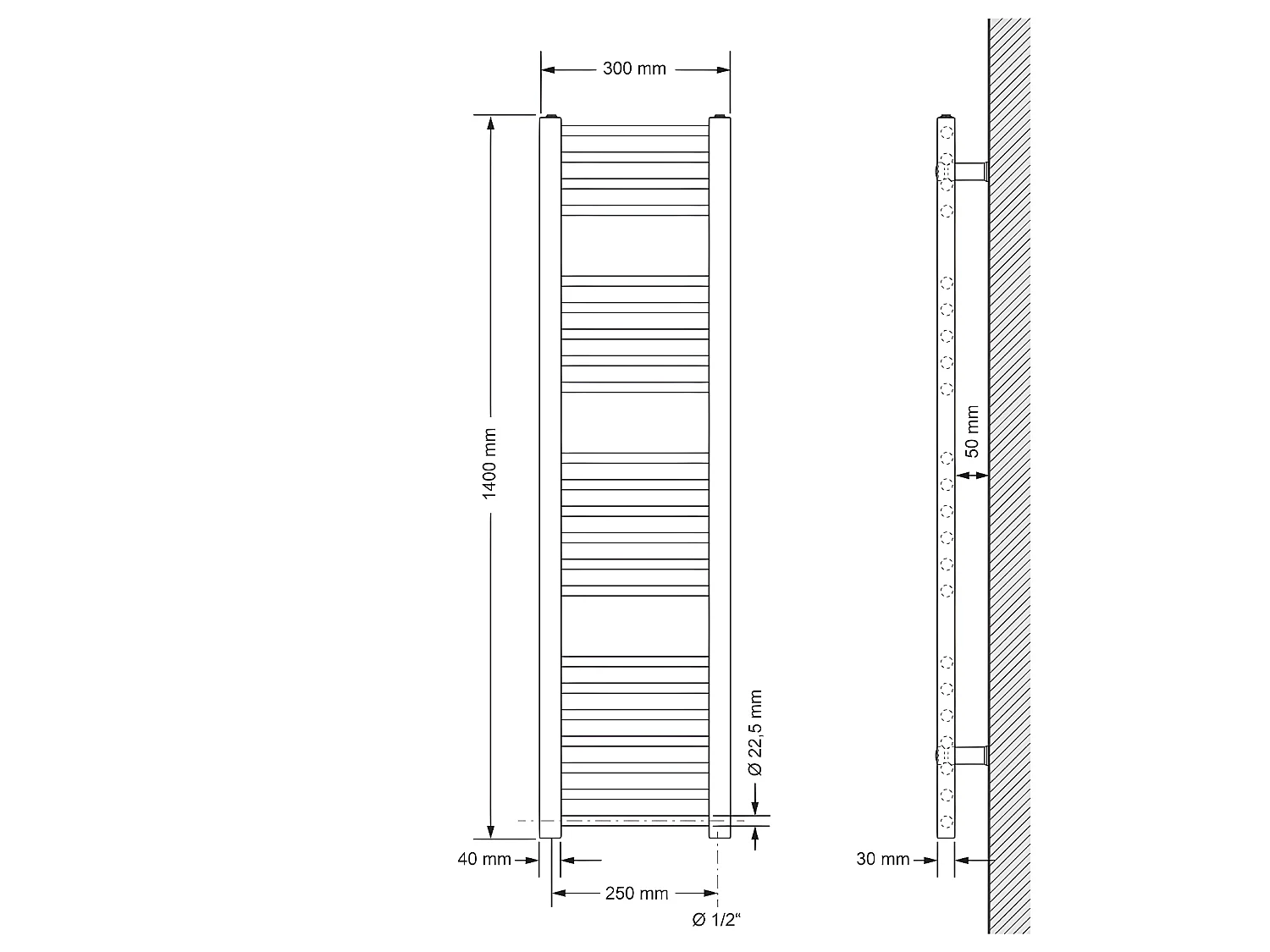 ECD Germany Sèche-Serviettes Design Sahara - 300 x 1400 mm - Blanc - Connexion Latéral - Forme Droit