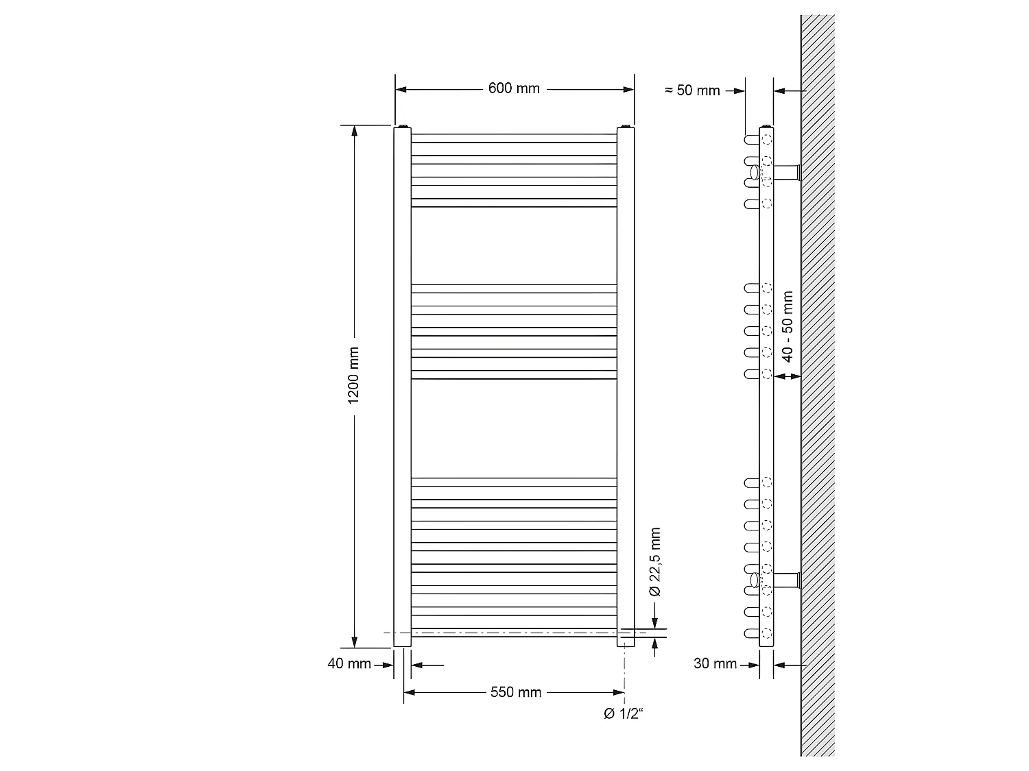 ECD Germany Radiateur Sèche-Serviettes Sahara - 600 x 1200 mm - Chrome - Connexion Latéral - sans Kit de Raccordement - Forme Courbé