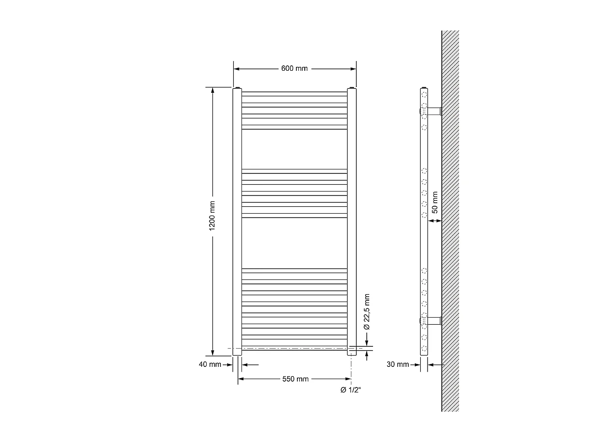 Radiatore Sahara Design, 600 x 1200 mm, Bianco, Attacco Laterale, Forma Dritto