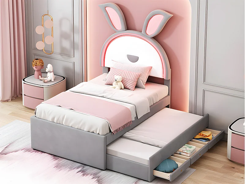 Kinderbed 90x200cm in fluweel - onderschuifbed met 3 lades en gekleurde LED-verlichting - Grijs