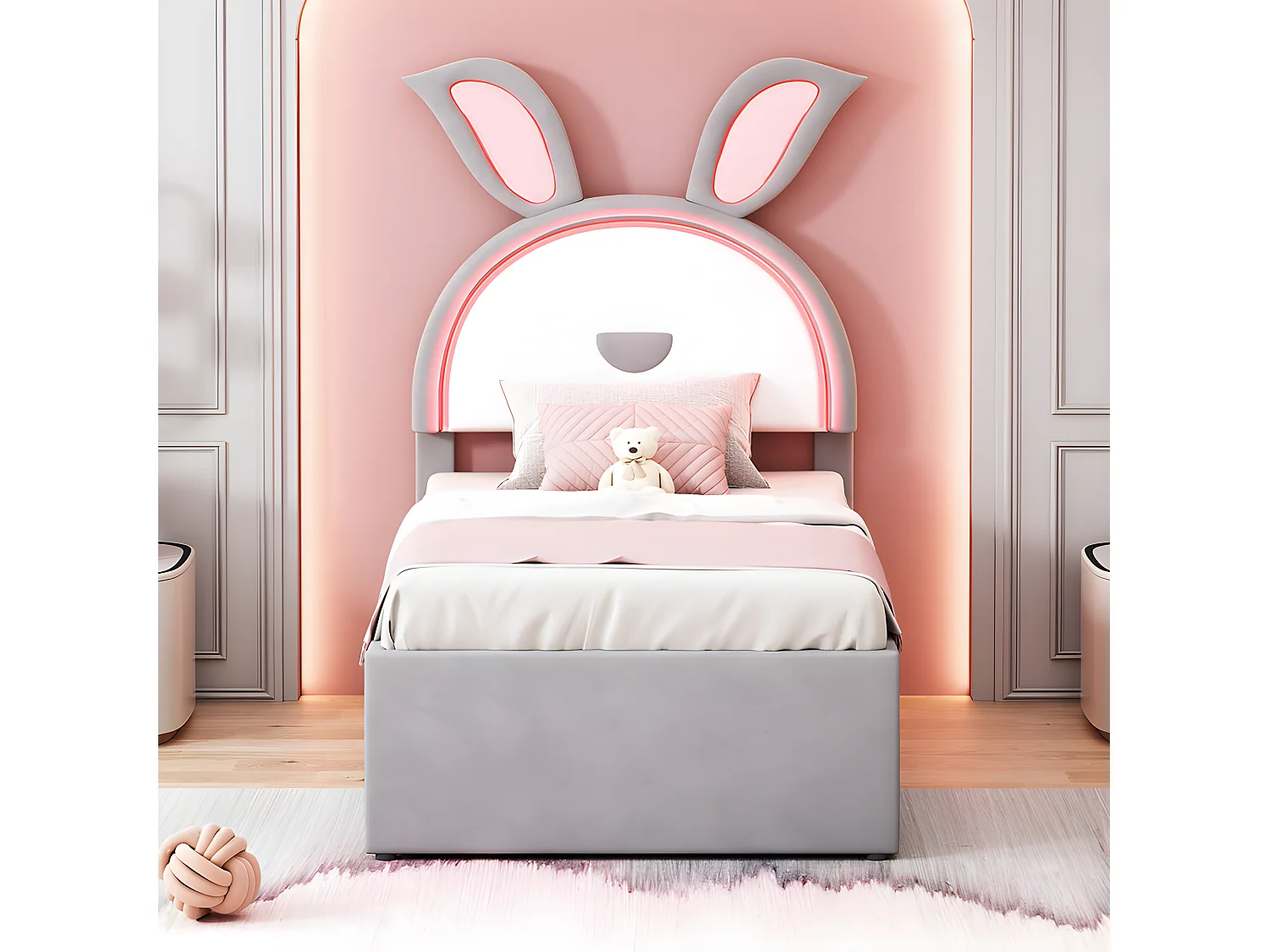 Lit enfant 90x200cm en velours - lit gigogne avec 3 tiroirs et lumières LED colorées - Gris