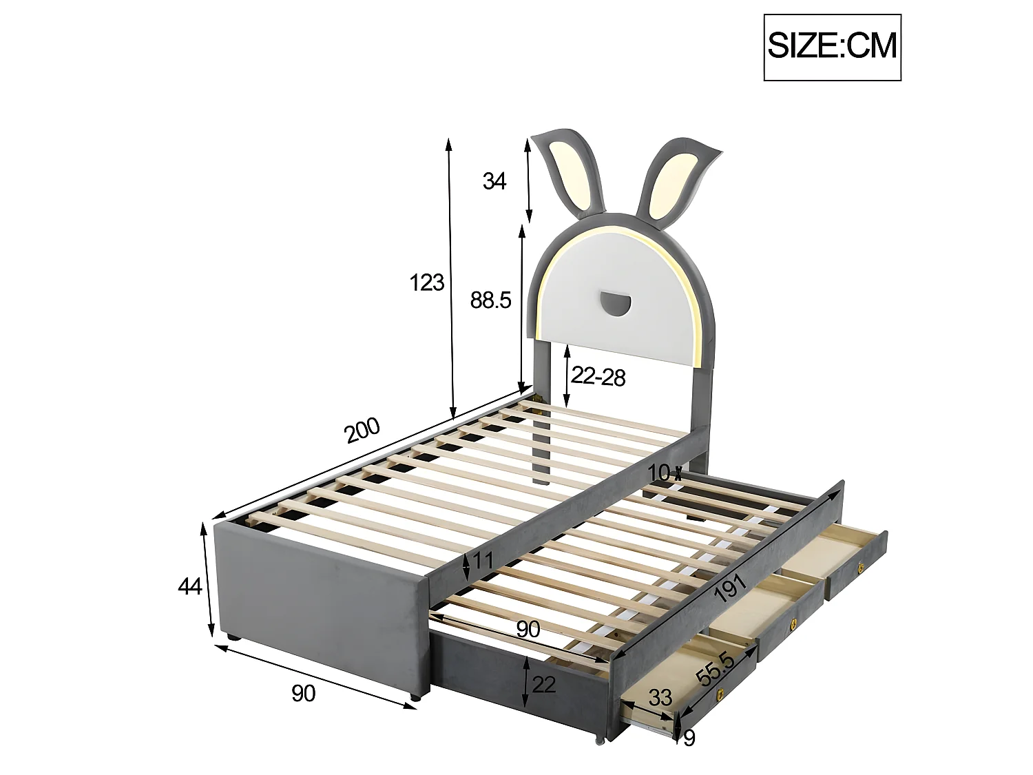 Lit enfant 90x200cm en velours - lit gigogne avec 3 tiroirs et lumières LED colorées - Gris