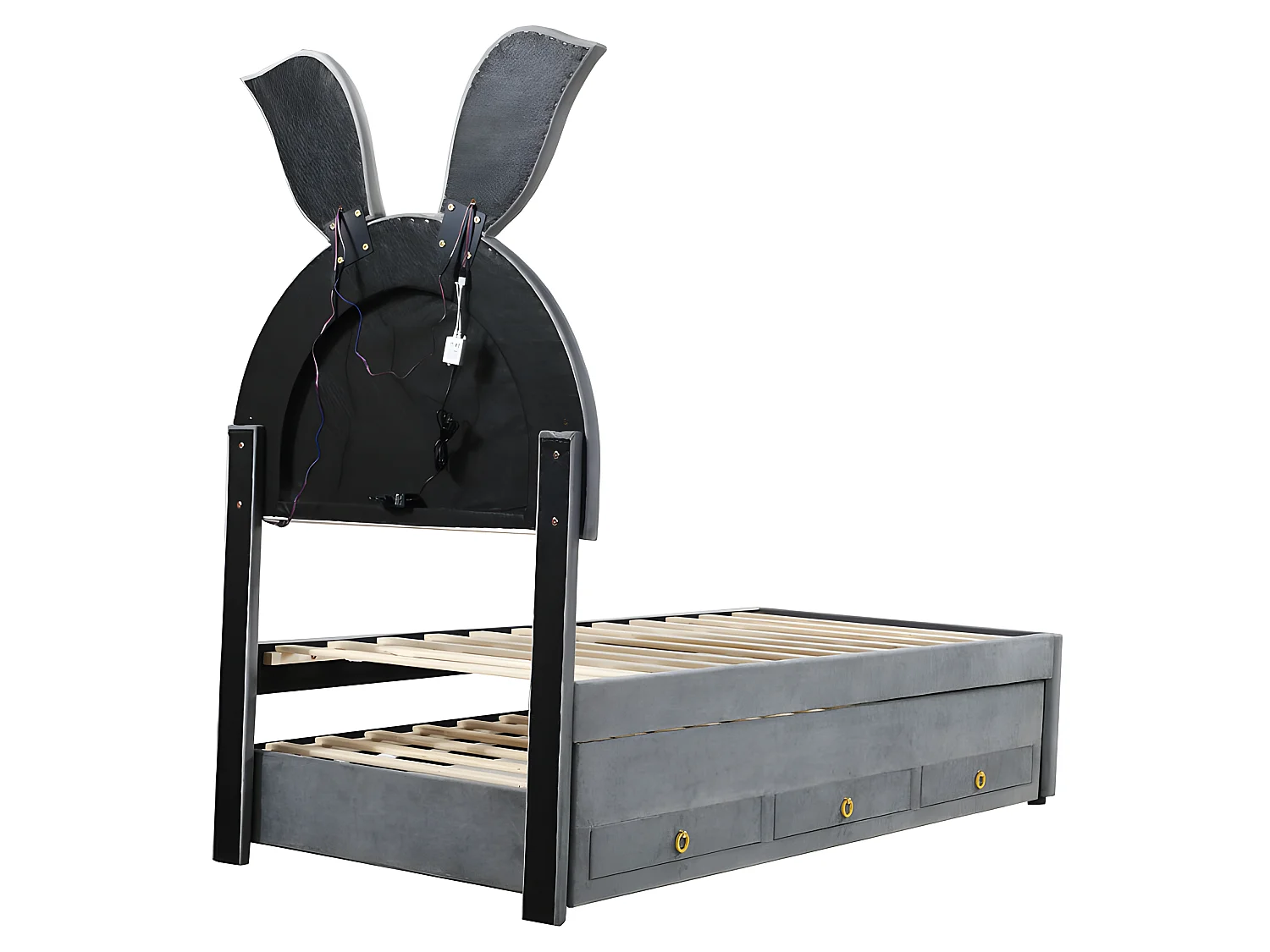 Lit enfant 90x200cm en velours - lit gigogne avec 3 tiroirs et lumières LED colorées - Gris