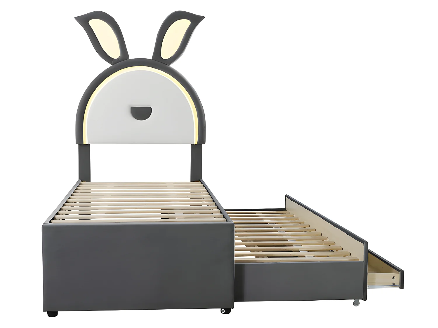 Lit enfant 90x200cm en velours - lit gigogne avec 3 tiroirs et lumières LED colorées - Gris