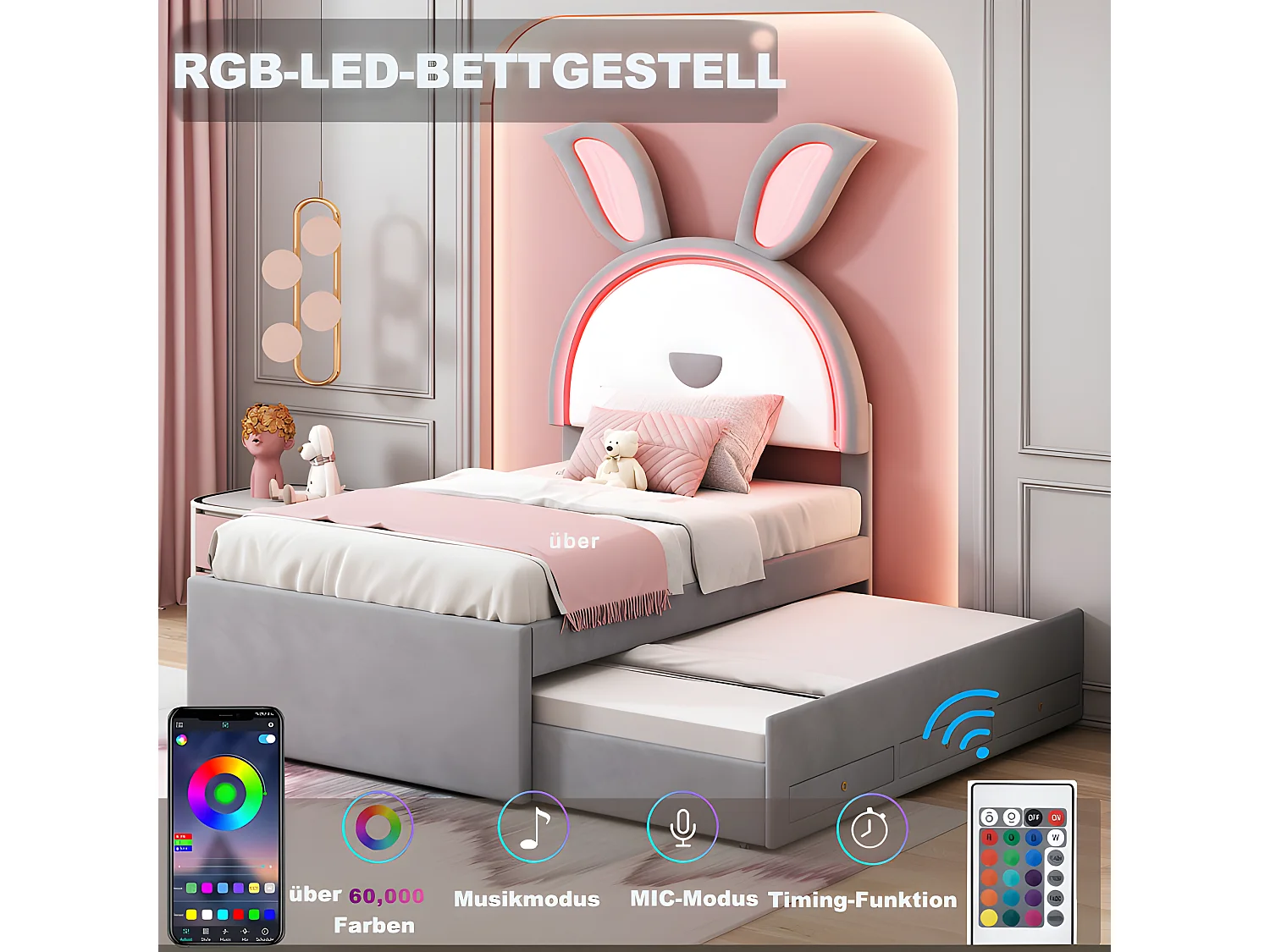 Lit enfant 90x200cm en velours - lit gigogne avec 3 tiroirs et lumières LED colorées - Gris