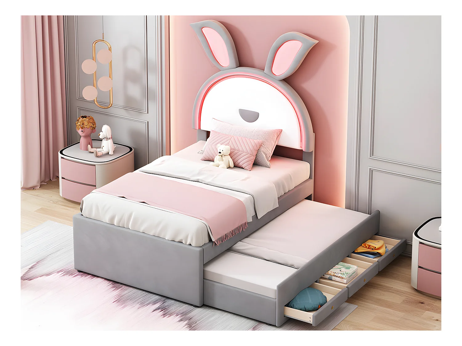 Lit enfant 90x200cm en velours - lit gigogne avec 3 tiroirs et lumières LED colorées - Gris