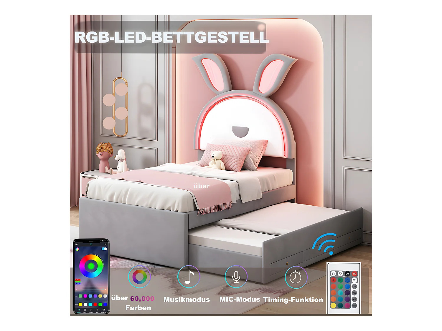 Kinderbett 90x200cm aus Samt – Ausziehbett mit 3 Schubladen und farbigen LED-Lichtern – Grau