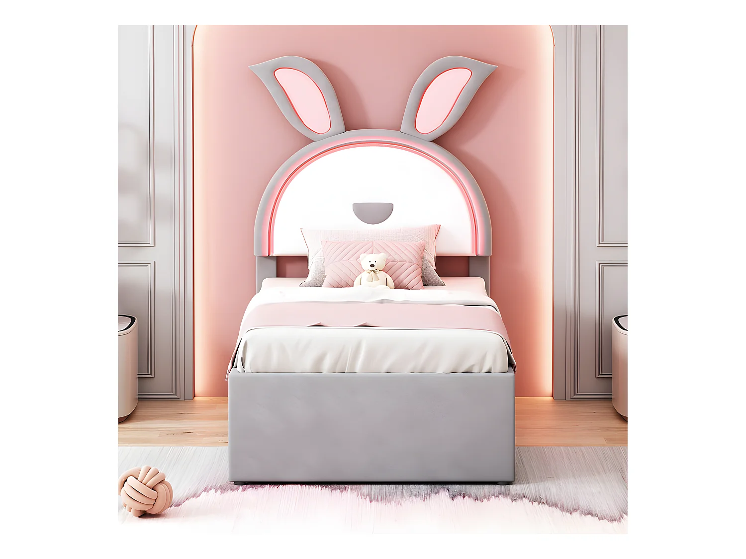 Kinderbett 90x200cm aus Samt – Ausziehbett mit 3 Schubladen und farbigen LED-Lichtern – Grau