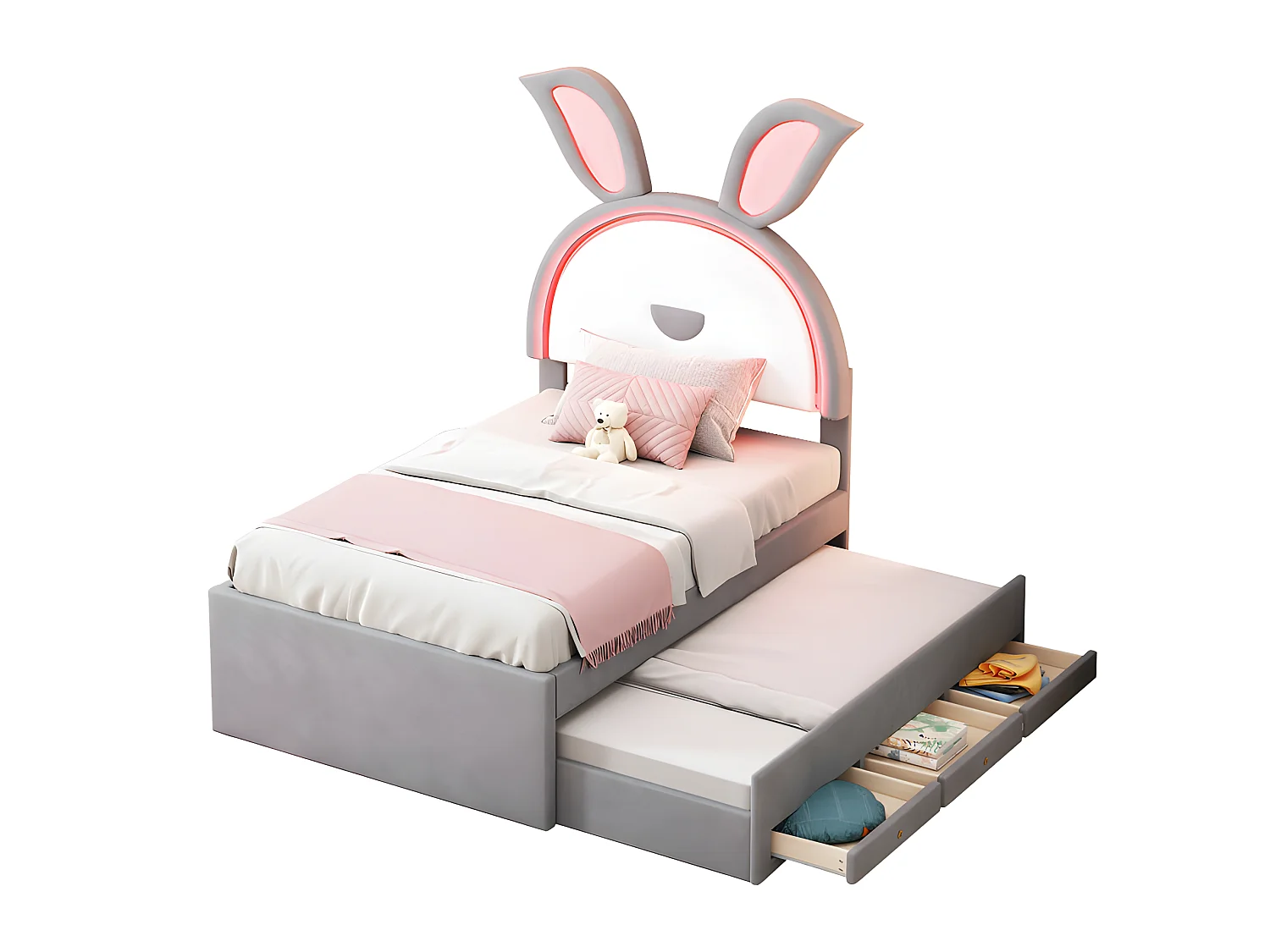 Kinderbett 90x200cm aus Samt – Ausziehbett mit 3 Schubladen und farbigen LED-Lichtern – Grau