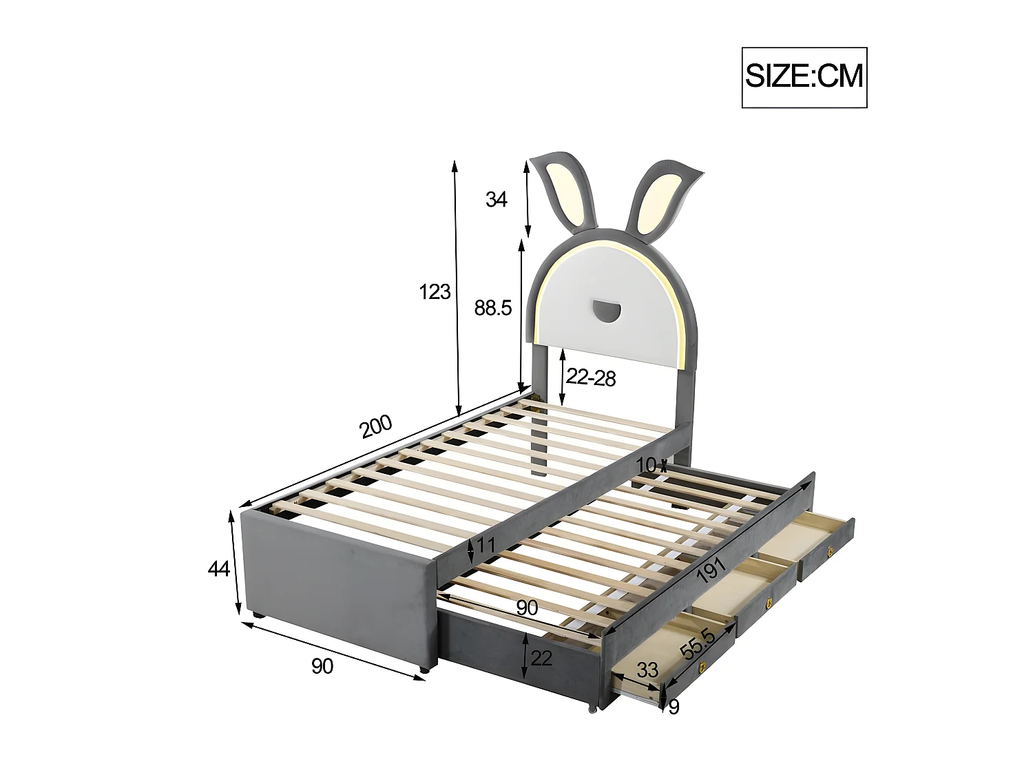 Kinderbett 90x200cm aus Samt – Ausziehbett mit 3 Schubladen und farbigen LED-Lichtern – Grau