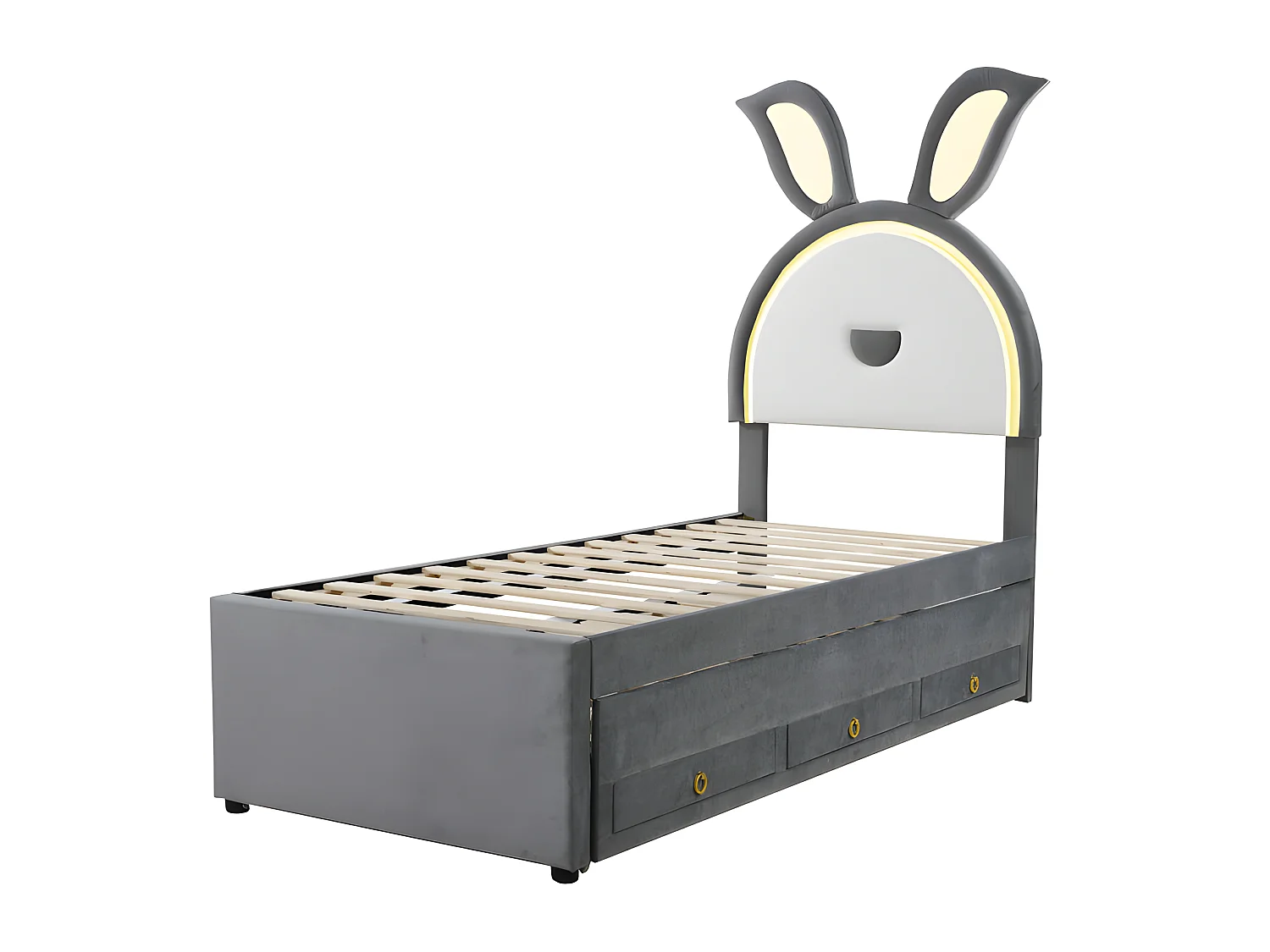Kinderbett 90x200cm aus Samt – Ausziehbett mit 3 Schubladen und farbigen LED-Lichtern – Grau