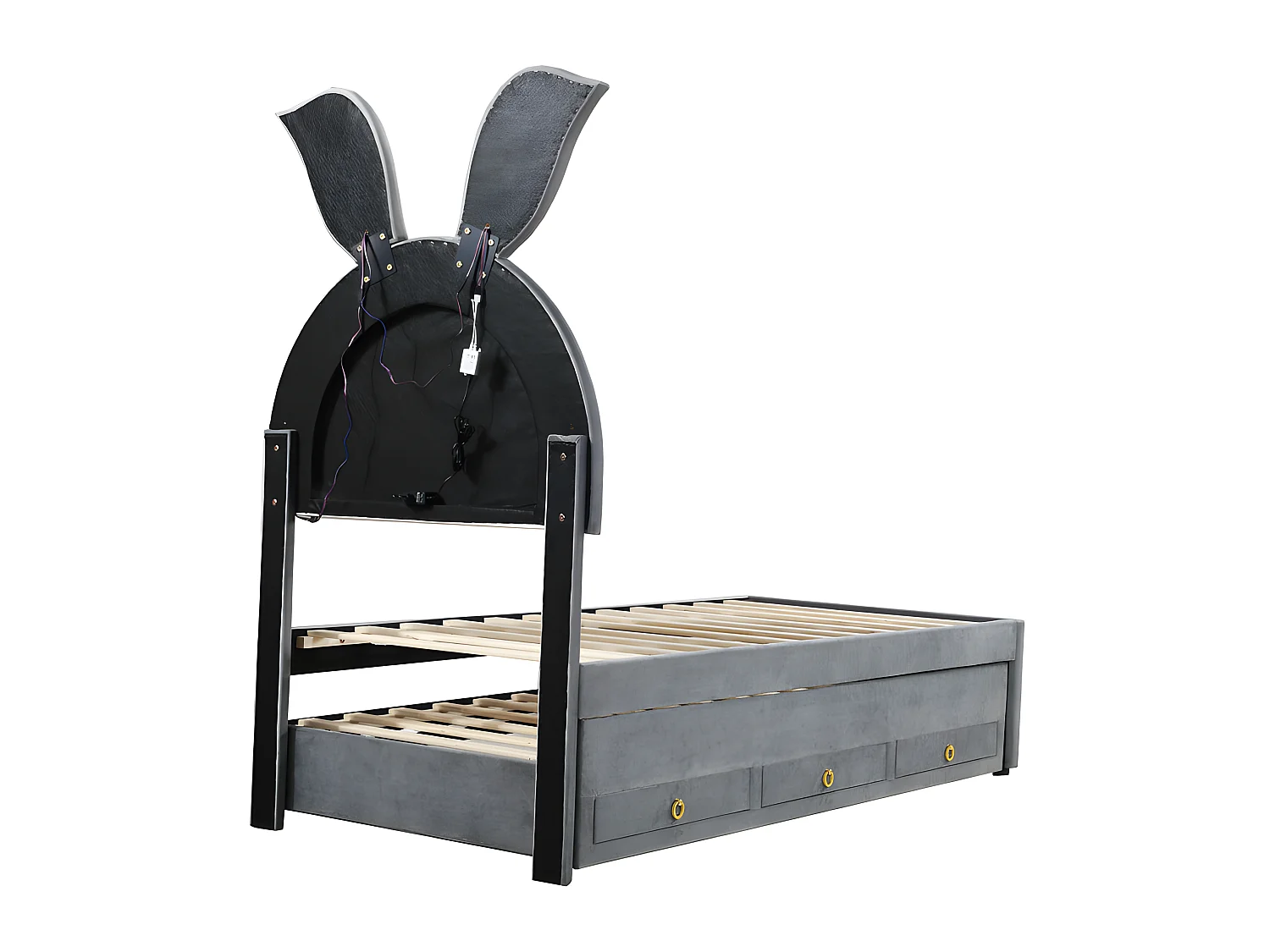 Kinderbett 90x200cm aus Samt – Ausziehbett mit 3 Schubladen und farbigen LED-Lichtern – Grau