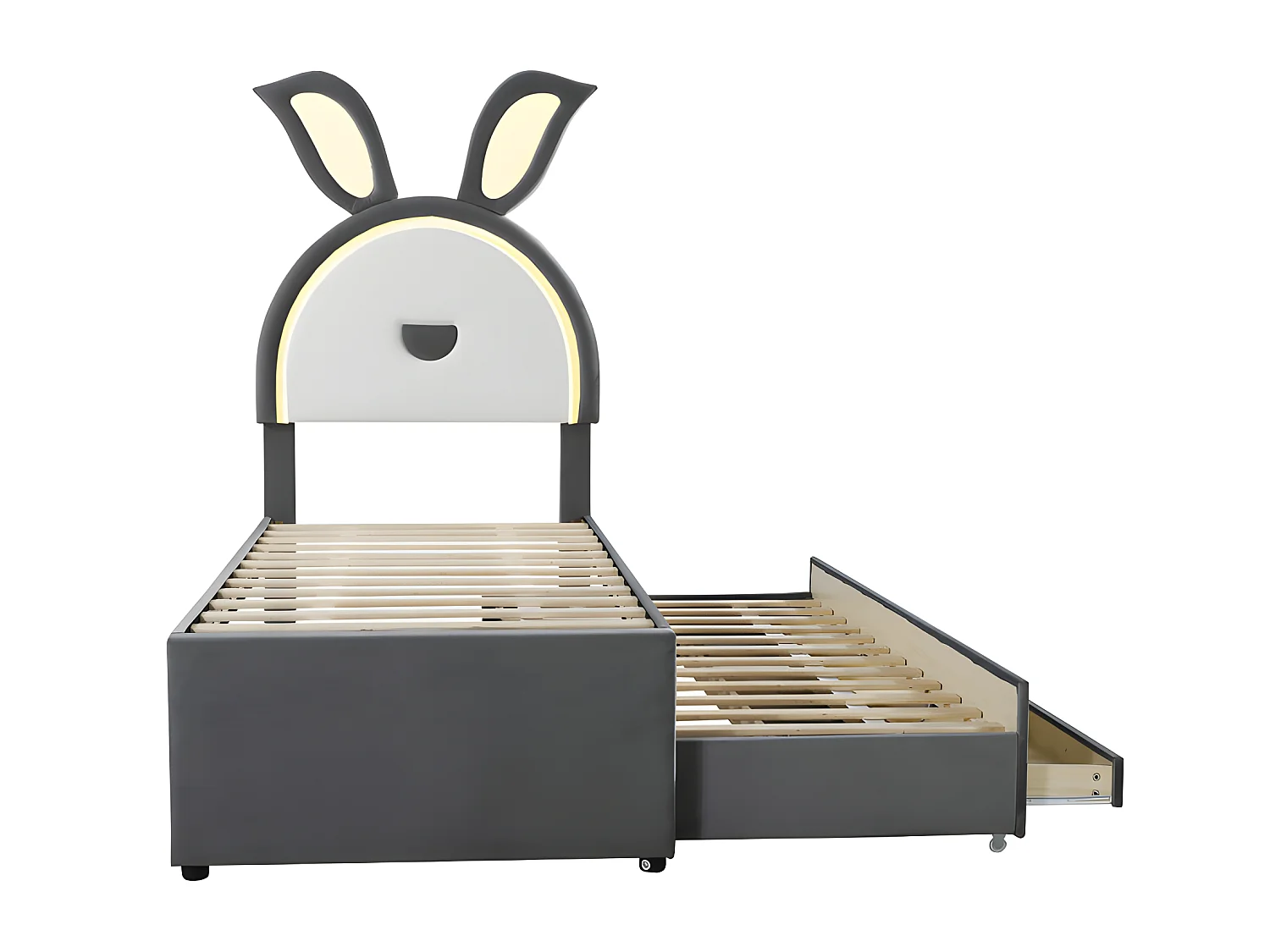 Kinderbett 90x200cm aus Samt – Ausziehbett mit 3 Schubladen und farbigen LED-Lichtern – Grau
