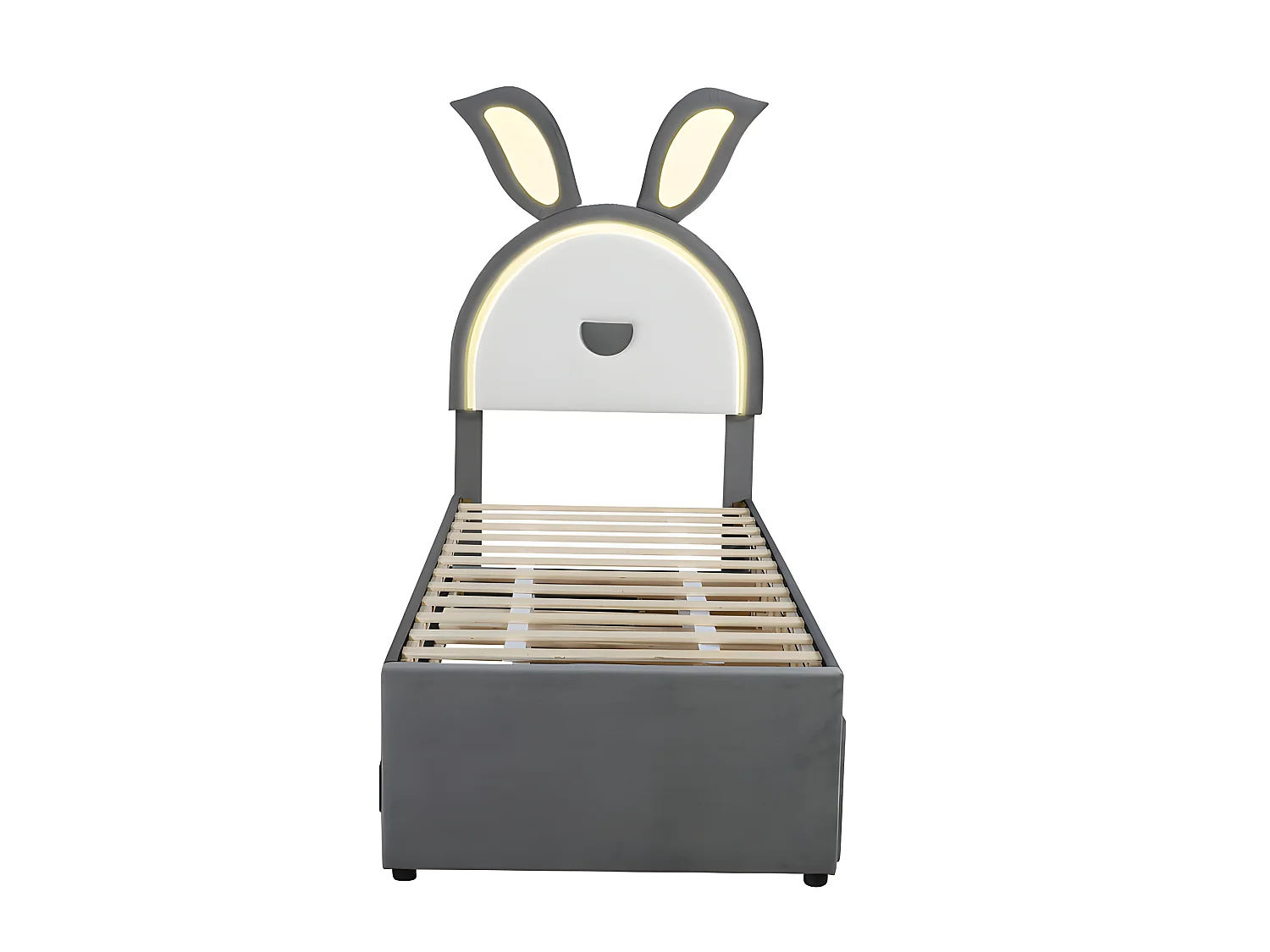Kinderbett 90x200cm aus Samt – Ausziehbett mit 3 Schubladen und farbigen LED-Lichtern – Grau