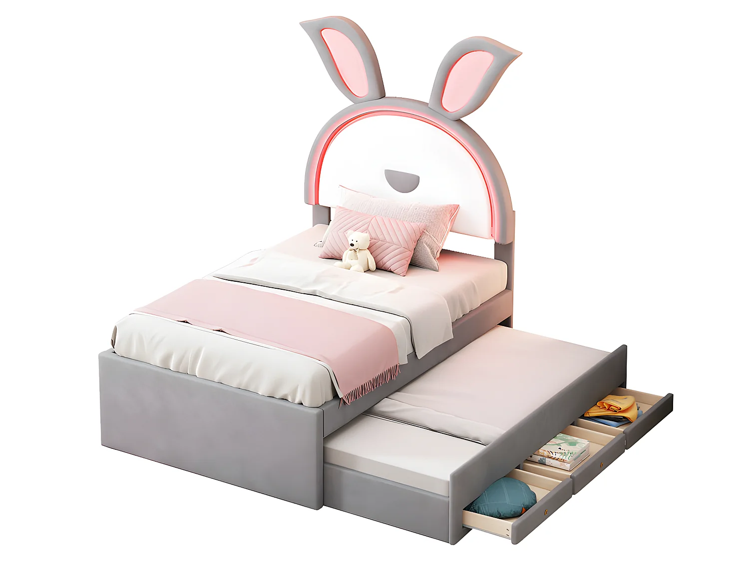 Lit enfant 90x200cm en velours - lit gigogne avec 3 tiroirs et lumières LED colorées - Gris