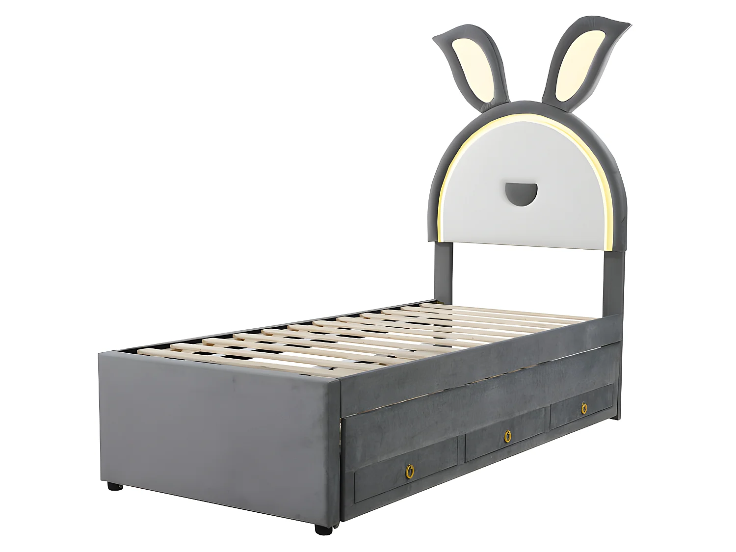 Lit enfant 90x200cm en velours - lit gigogne avec 3 tiroirs et lumières LED colorées - Gris