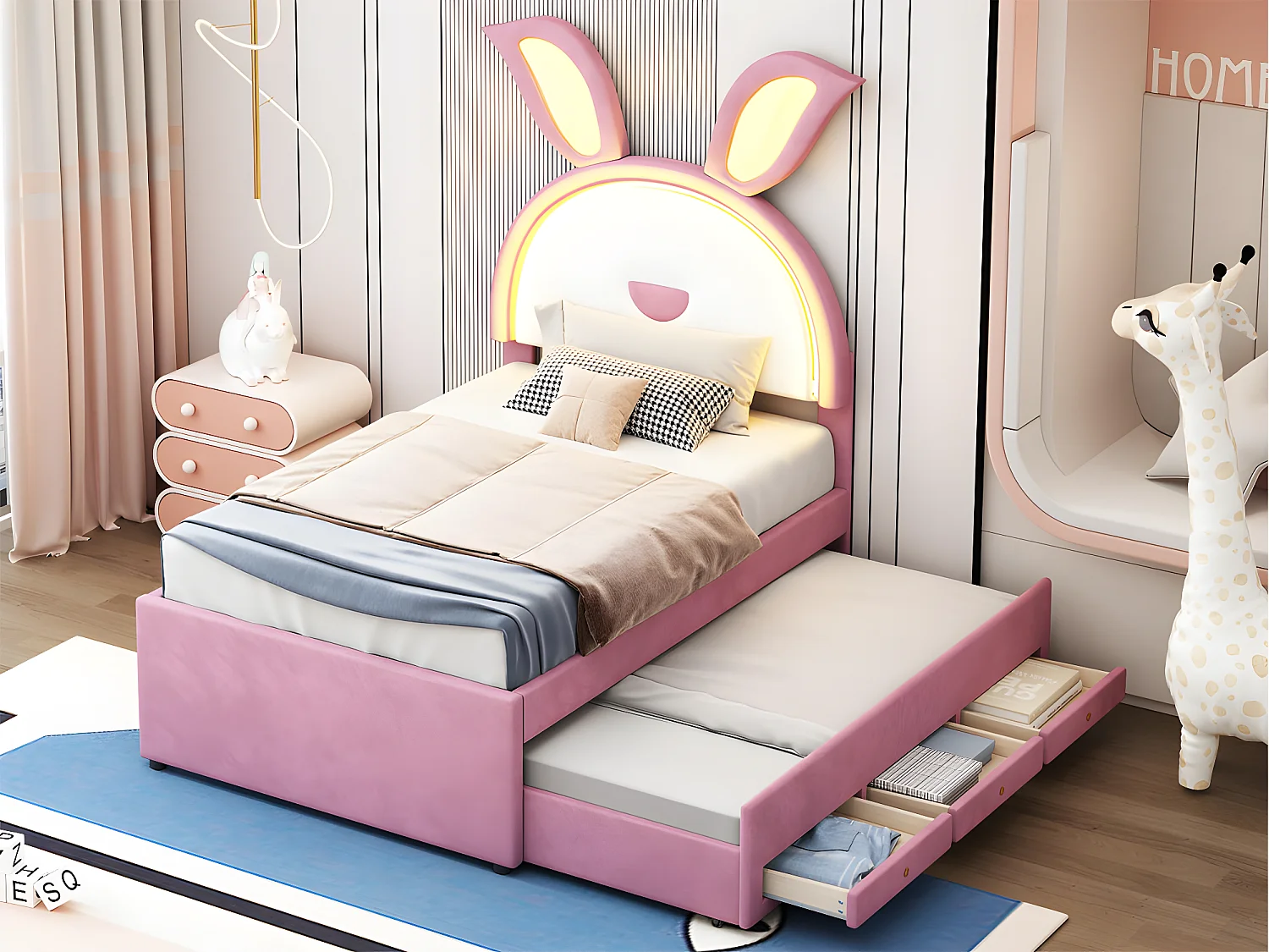 Kinderbed 90x200cm in fluweel - onderschuifbed met 3 lades en gekleurde LED-verlichting - Roze