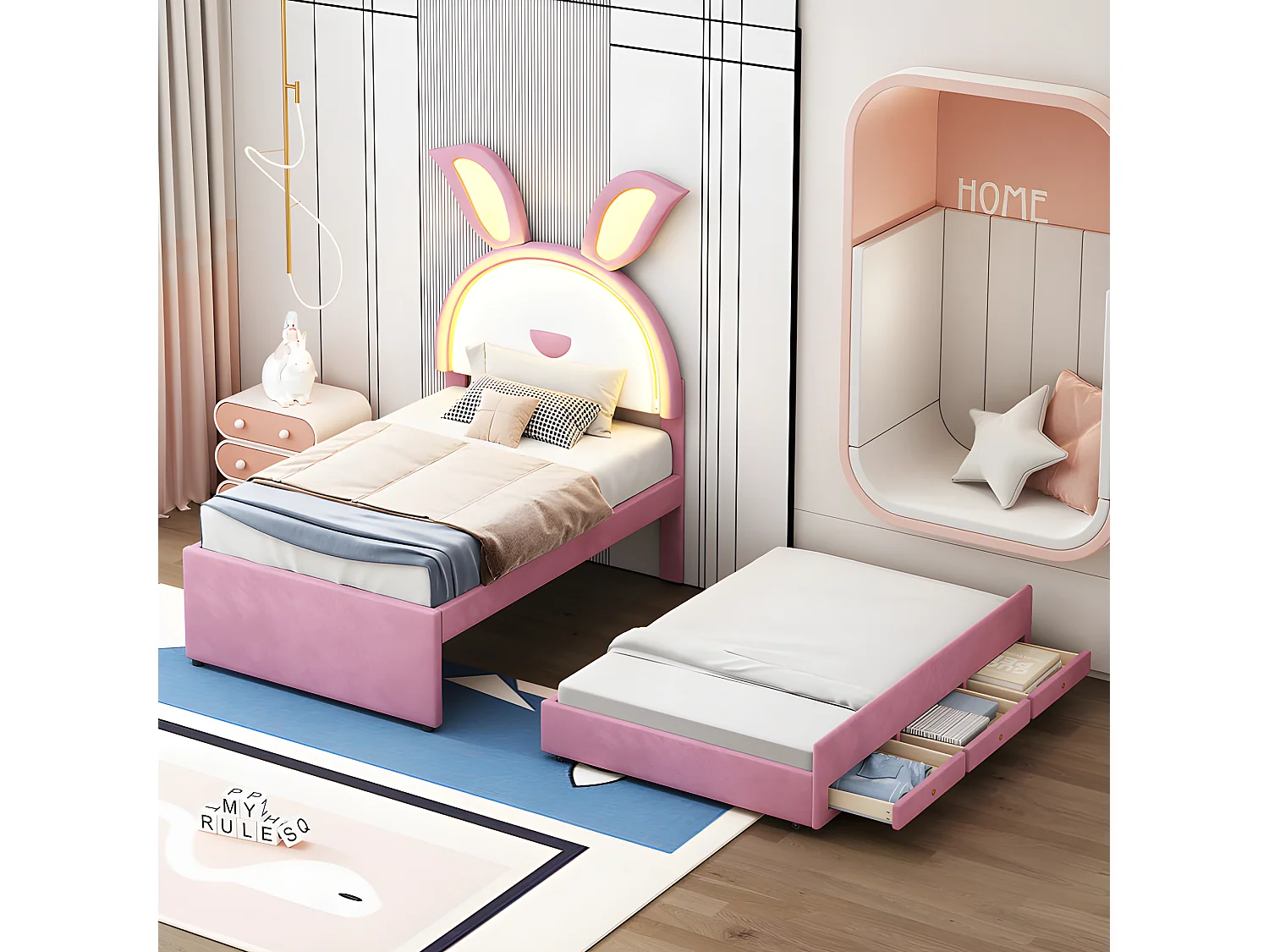 Kinderbed 90x200cm in fluweel - onderschuifbed met 3 lades en gekleurde LED-verlichting - Roze