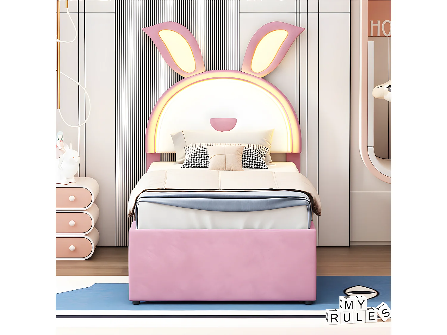 Kinderbed 90x200cm in fluweel - onderschuifbed met 3 lades en gekleurde LED-verlichting - Roze